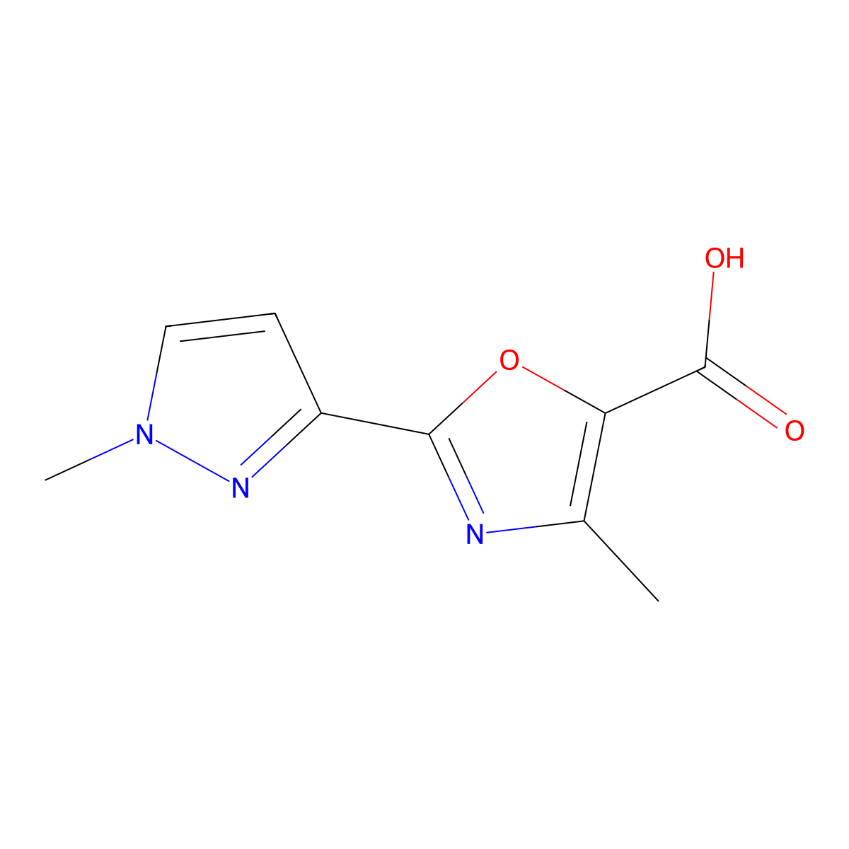 4-methyl-2-(1-methyl-1H-pyrazol-3-yl)-1,3-oxazole-5-carboxylic acid molecular structure, CAS 1694754-44-3