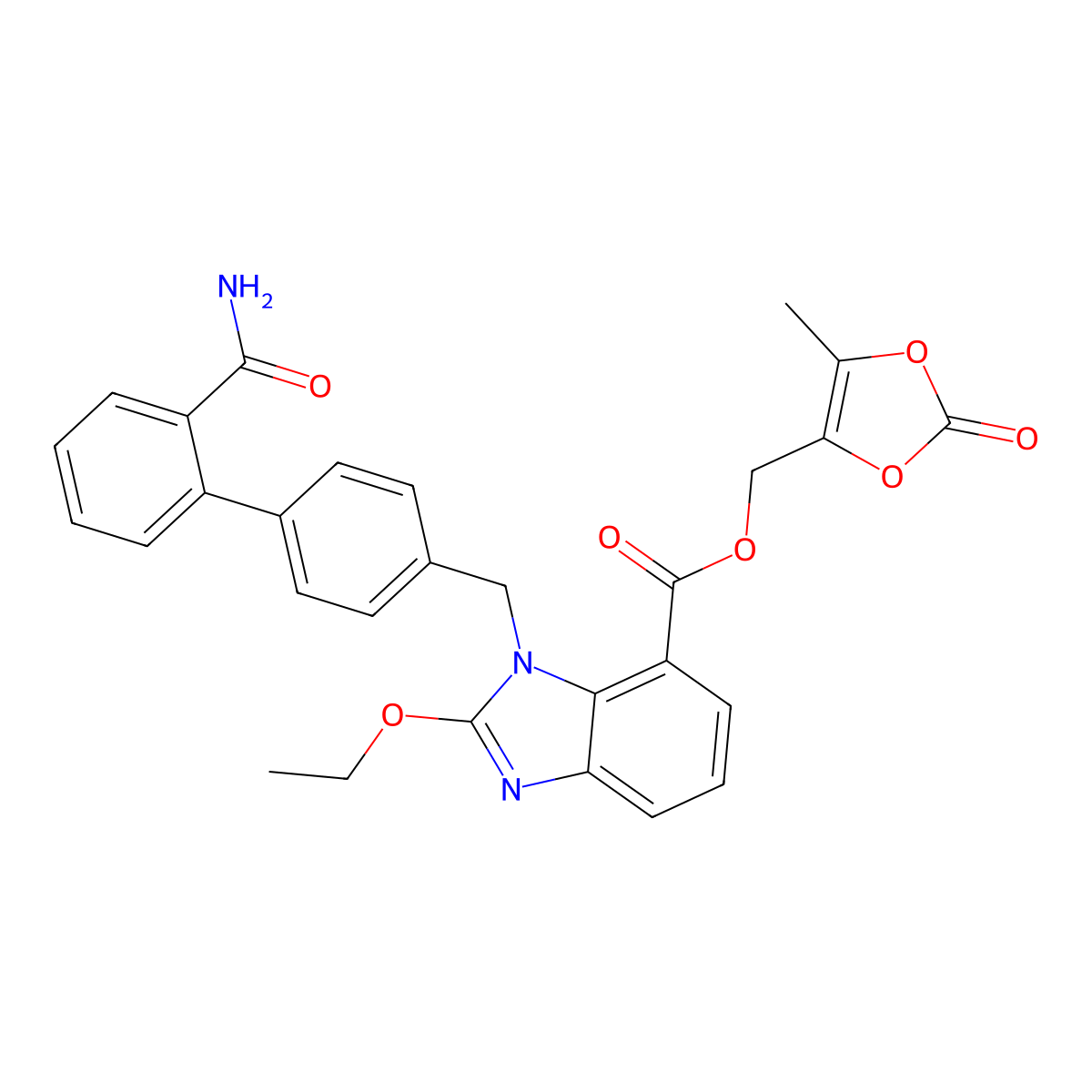 (5-Methyl-2-oxo-1,3-dioxol-4-yl)methyl 1-((2'-carbamoyl-[1,1'-biphenyl]-4-yl)methyl)-2-ethoxy-1H-benzo[d]imidazole-7-carboxylate molecular structure, CAS 1696392-12-7