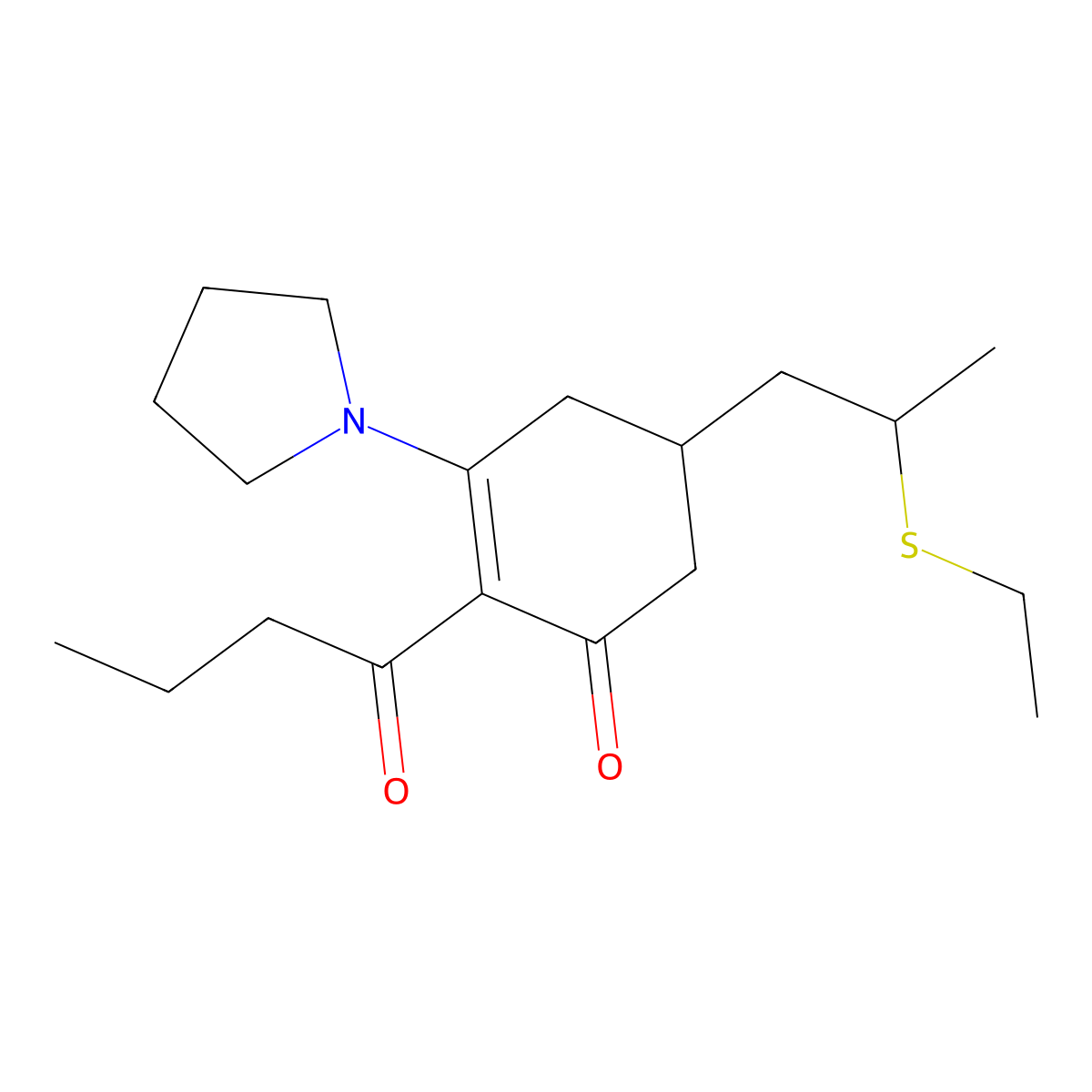 2-Butanoyl-5-(2-ethylsulfanylpropyl)-3-pyrrolidin-1-ylcyclohex-2-en-1-one molecular structure, CAS 169677-02-5