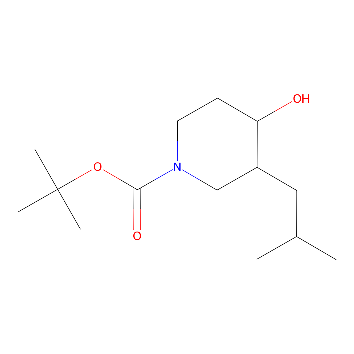 Tert-butyl 4-hydroxy-3-(2-methylpropyl)piperidine-1-carboxylate molecular structure, CAS 1696790-14-3