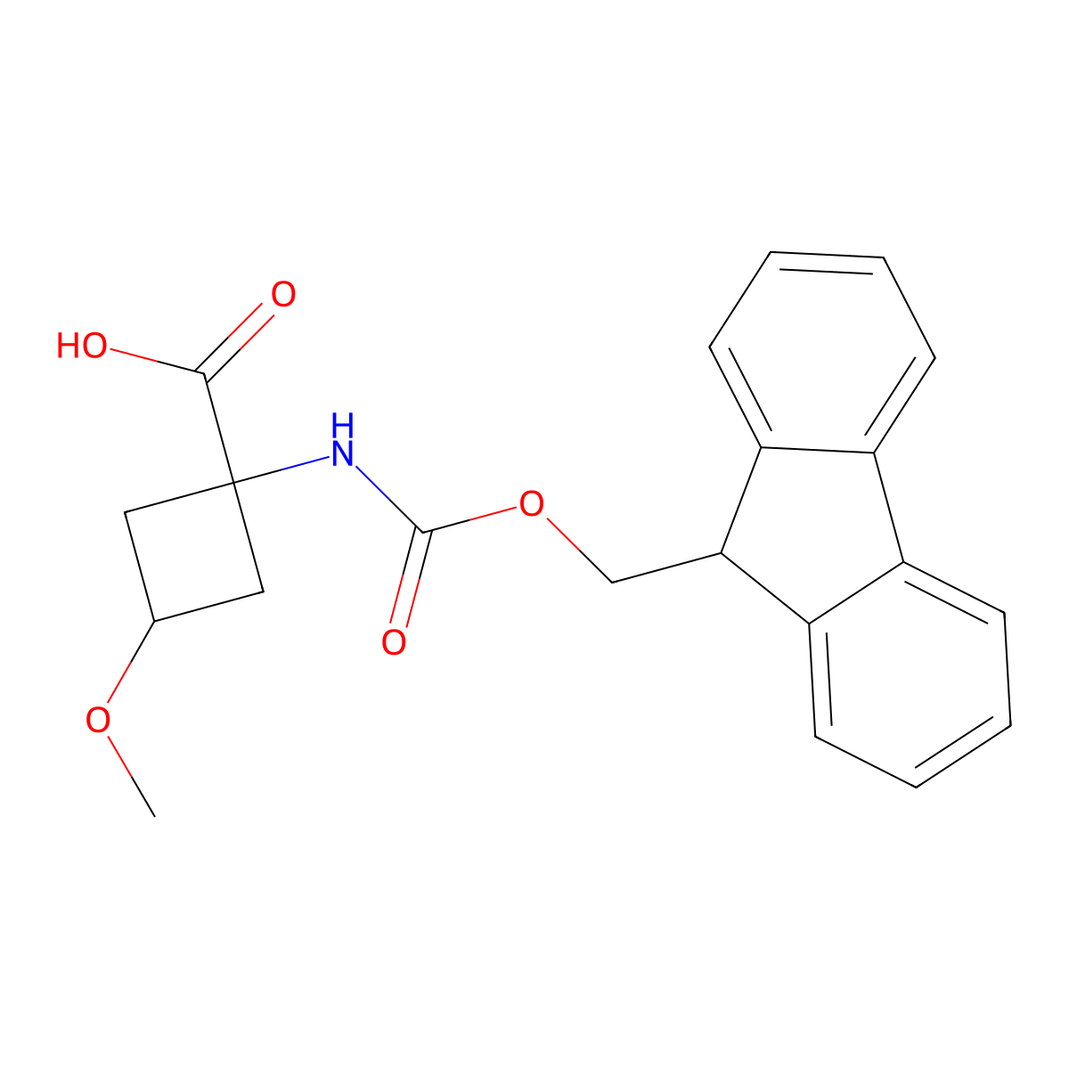 1-((((9H-fluoren-9-yl)methoxy)carbonyl)amino)-3-methoxycyclobutane-1-carboxylic acid molecular structure, CAS 1696791-50-0