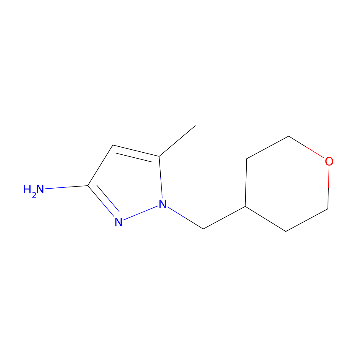 5-Methyl-1-[(oxan-4-yl)methyl]-1H-pyrazol-3-amine molecular structure, CAS 1697173-52-6