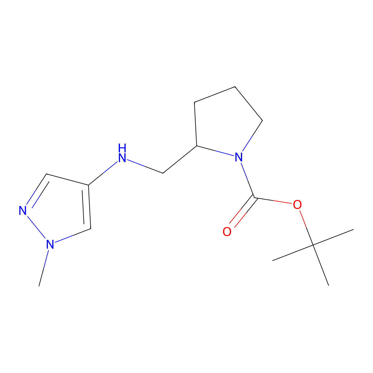Tert-butyl 2-(((1-methyl-1H-pyrazol-4-yl)amino)methyl)pyrrolidine-1-carboxylate molecular structure, CAS 1697292-59-3