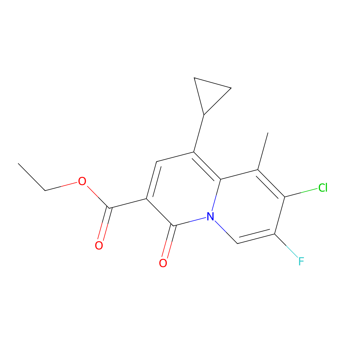 Ethyl 8-chloro-1-cyclopropyl-7-fluoro-9-methyl-4-oxo-4H-quinolizine-3-carboxylate molecular structure, CAS 169749-89-7
