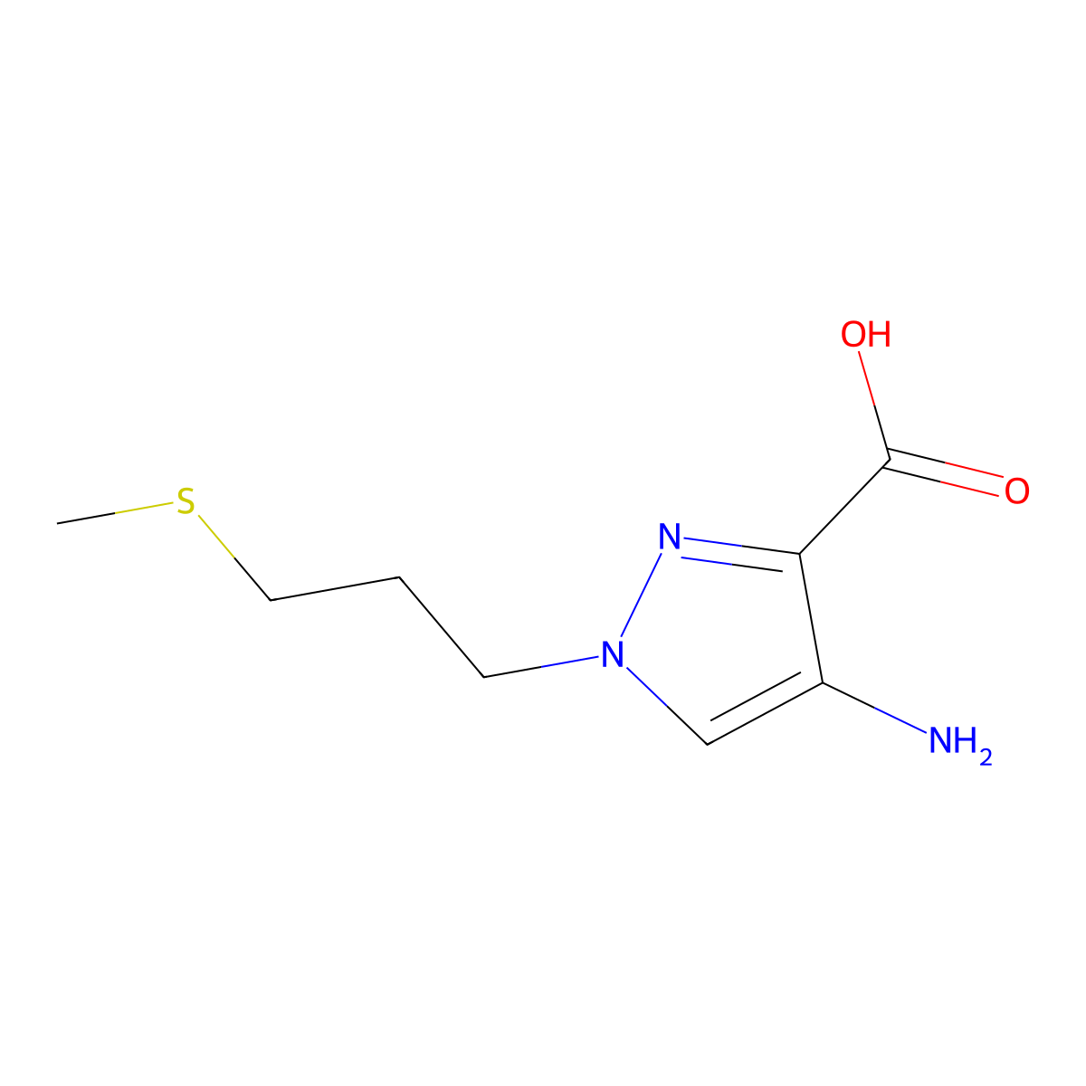 4-amino-1-[3-(methylsulfanyl)propyl]-1H-pyrazole-3-carboxylic acid molecular structure, CAS 1697759-95-7