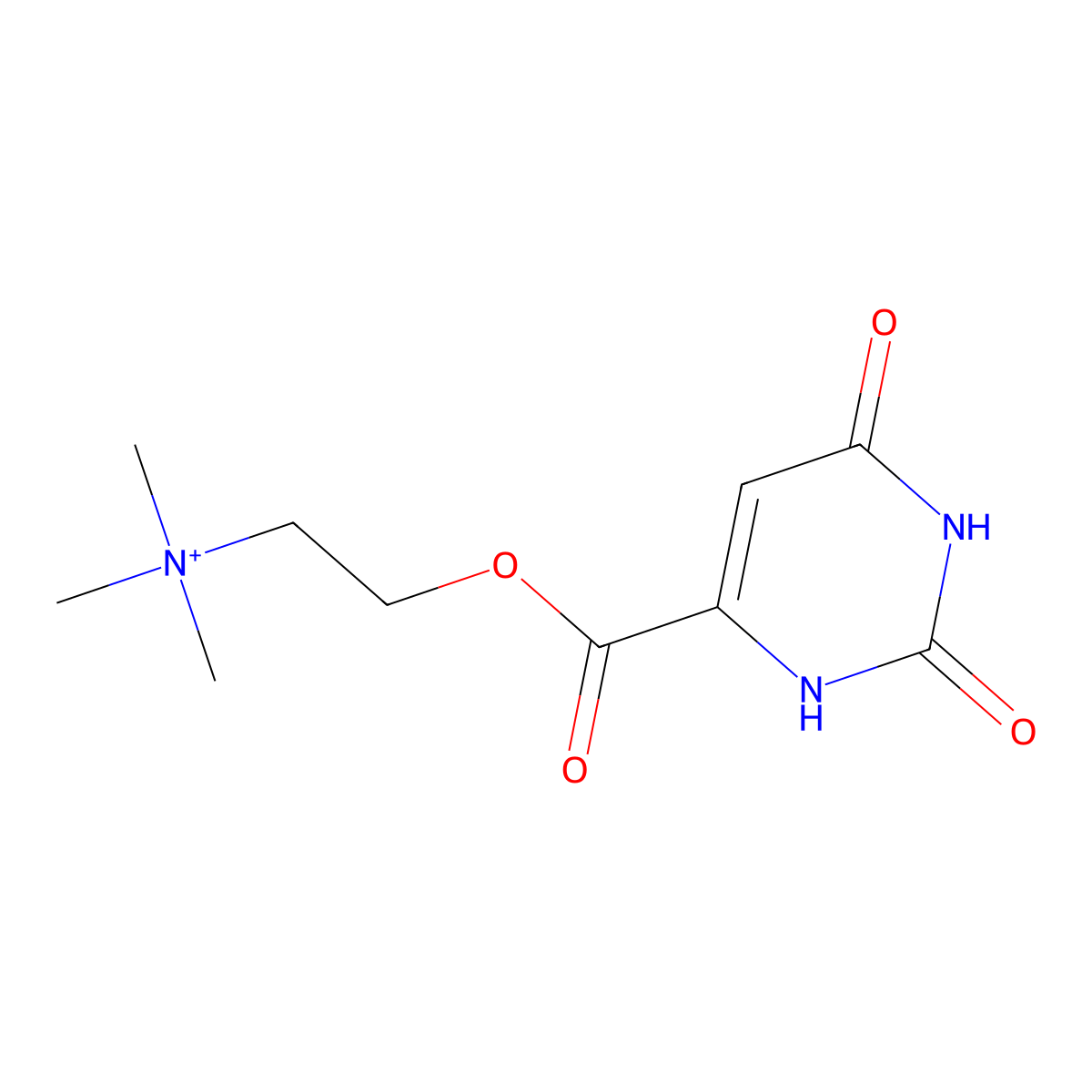 (2-(((1,2,3,6-Tetrahydro-2,6-dioxo-4-pyrimidyl)carbonyl)oxy)ethyl)trimethylammonium molecular structure, CAS 16978-42-0