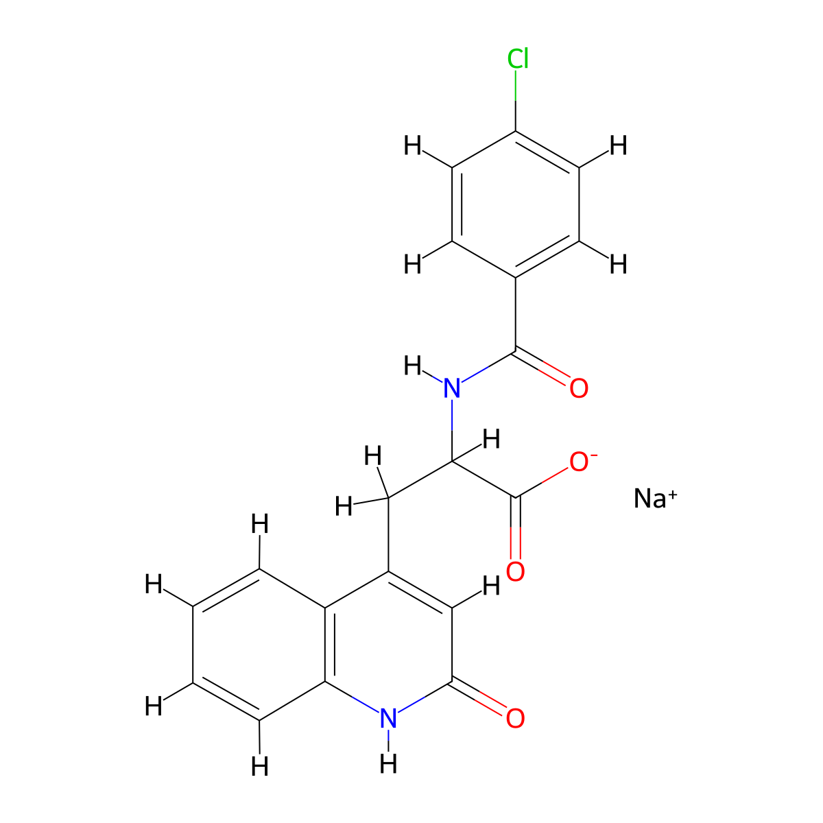 Sodium 2-(4-chlorobenzamido)-3-(2-oxo-1,2-dihydroquinolin-4-yl)propanoate molecular structure, CAS 169809-59-0