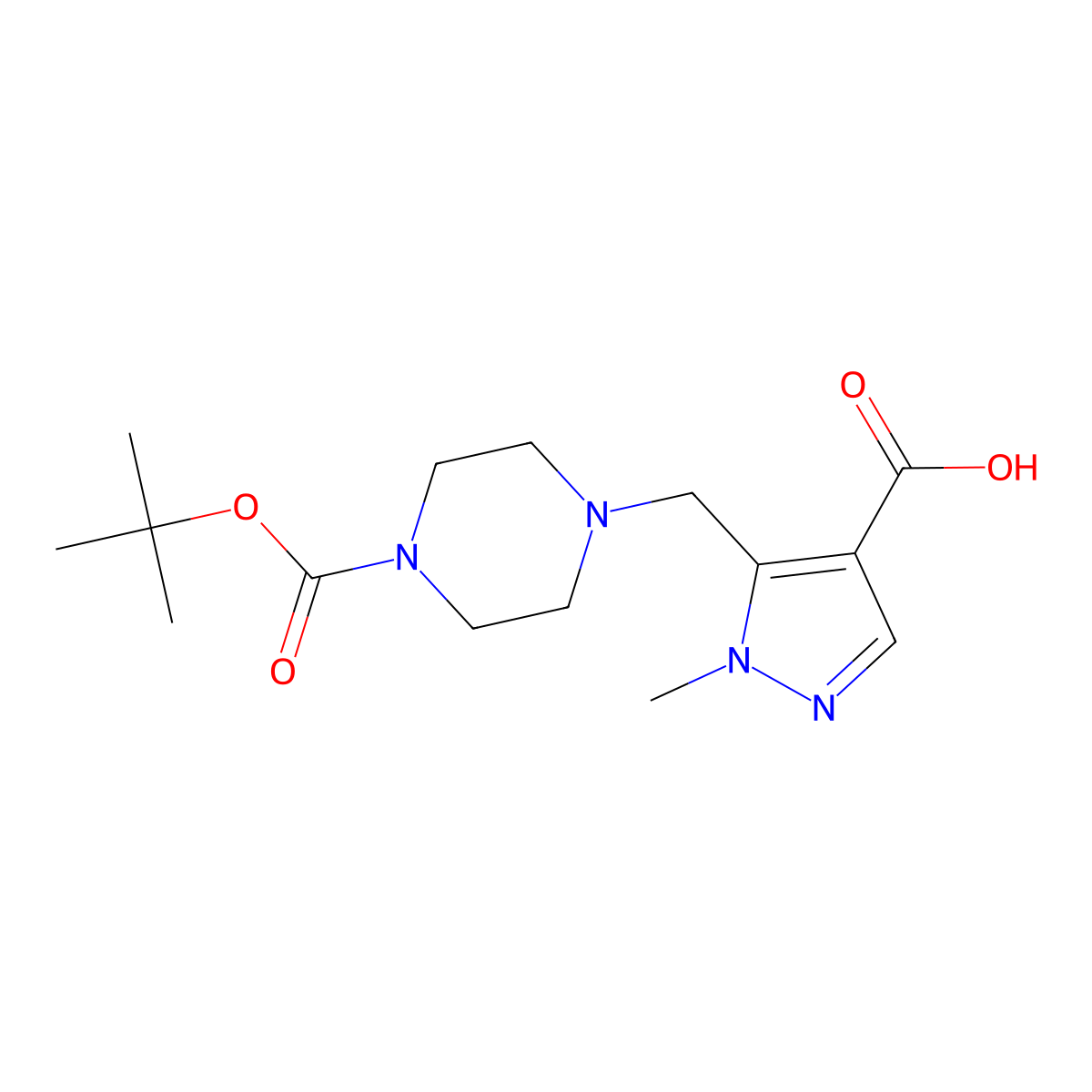 5-((4-((tert-butoxy)carbonyl)piperazin-1-yl)methyl)-1-methyl-1H-pyrazole-4-carboxylic acid molecular structure, CAS 1698549-81-3