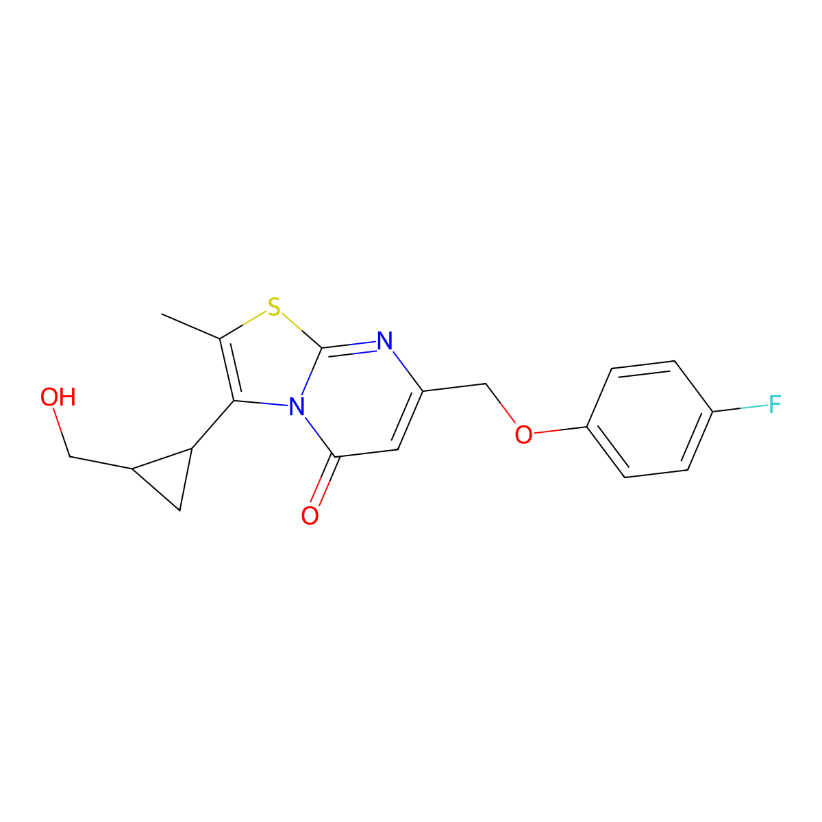 7-[(4-Fluoranylphenoxy)methyl]-3-[(1~{r},2~{r})-2-(Hydroxymethyl)cyclopropyl]-2-Methyl-[1,3]thiazolo[3,2-A]pyrimidin-5-One molecular structure, CAS 1698900-69-4