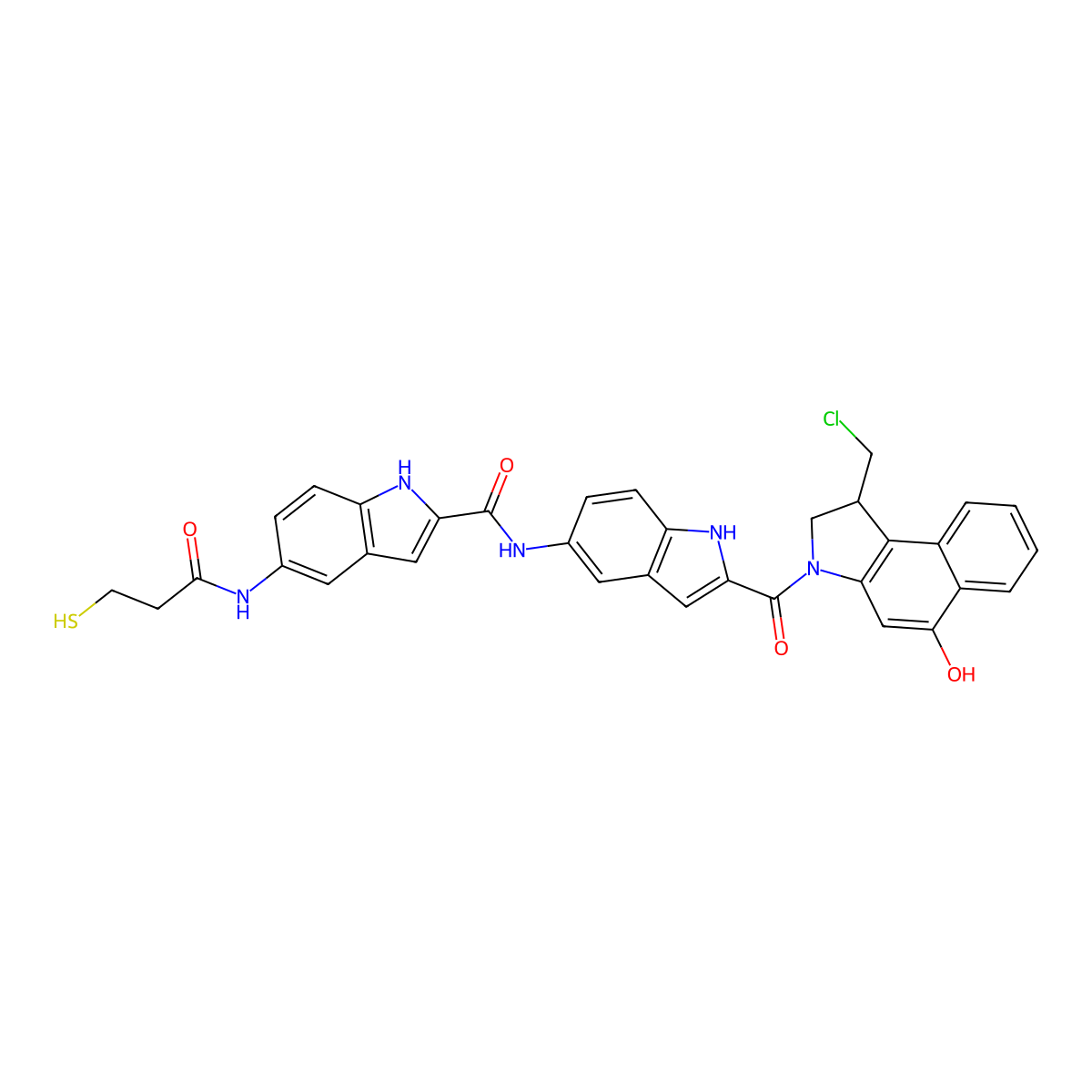 (S)-N-(2-(1-(Chloromethyl)-5-hydroxy-2,3-dihydro-1H-benzo[e]indole-3-carbonyl)-1H-indol-5-yl)-5-(3-mercaptopropanamido)-1H-indole-2-carboxamide molecular structure, CAS 169901-27-3