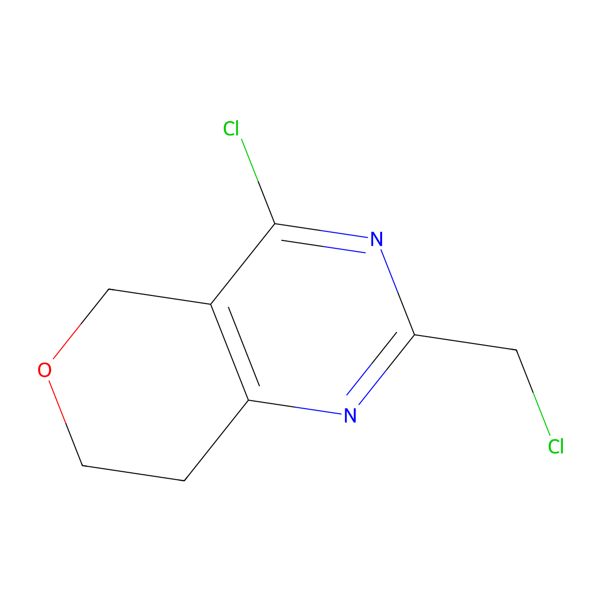4-chloro-2-(chloromethyl)-5H,7H,8H-pyrano[4,3-d]pyrimidine molecular structure, CAS 1699314-71-0