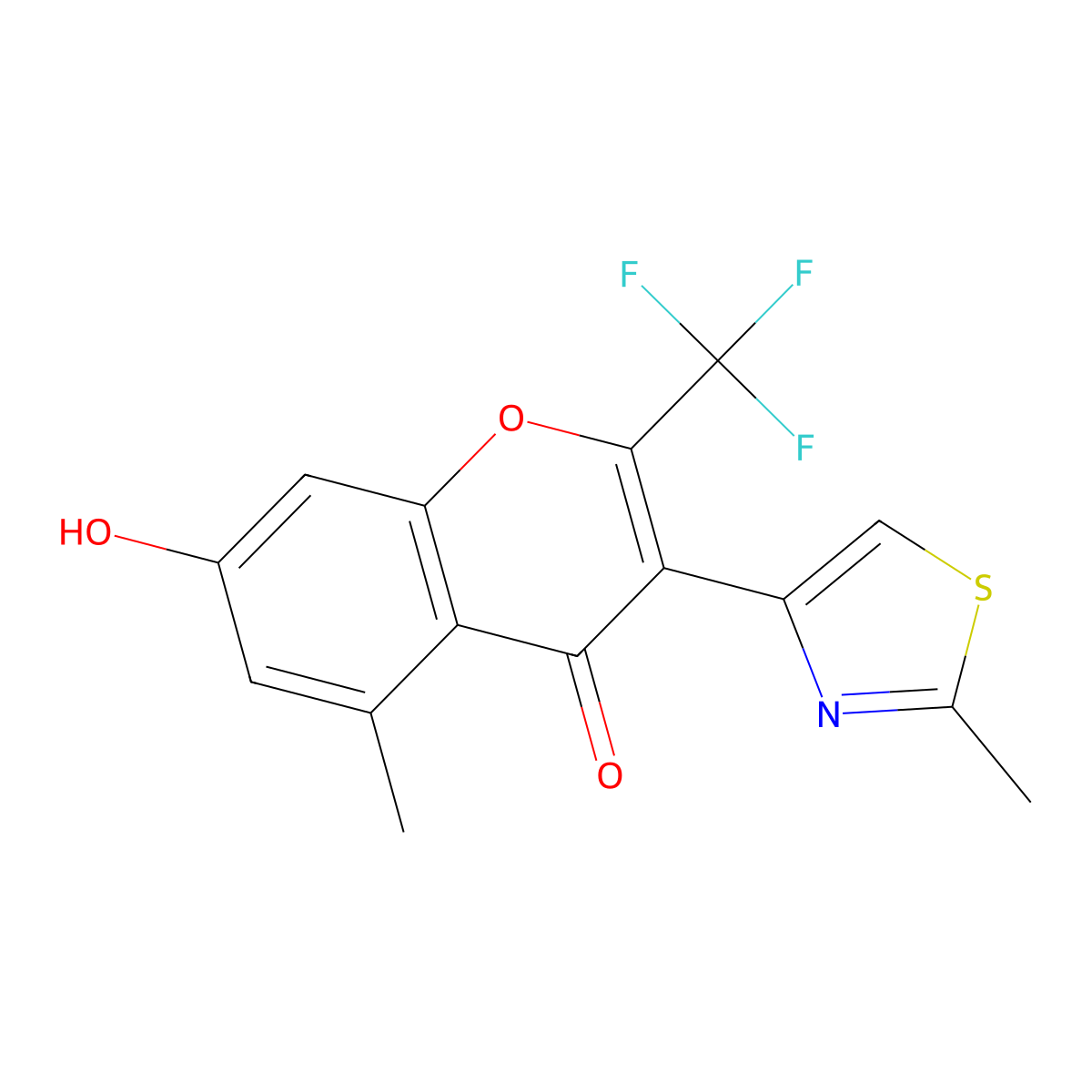 7-hydroxy-5-methyl-3-(2-methyl-1,3-thiazol-4-yl)-2-(trifluoromethyl)-4H-chromen-4-one molecular structure, CAS 169941-74-6