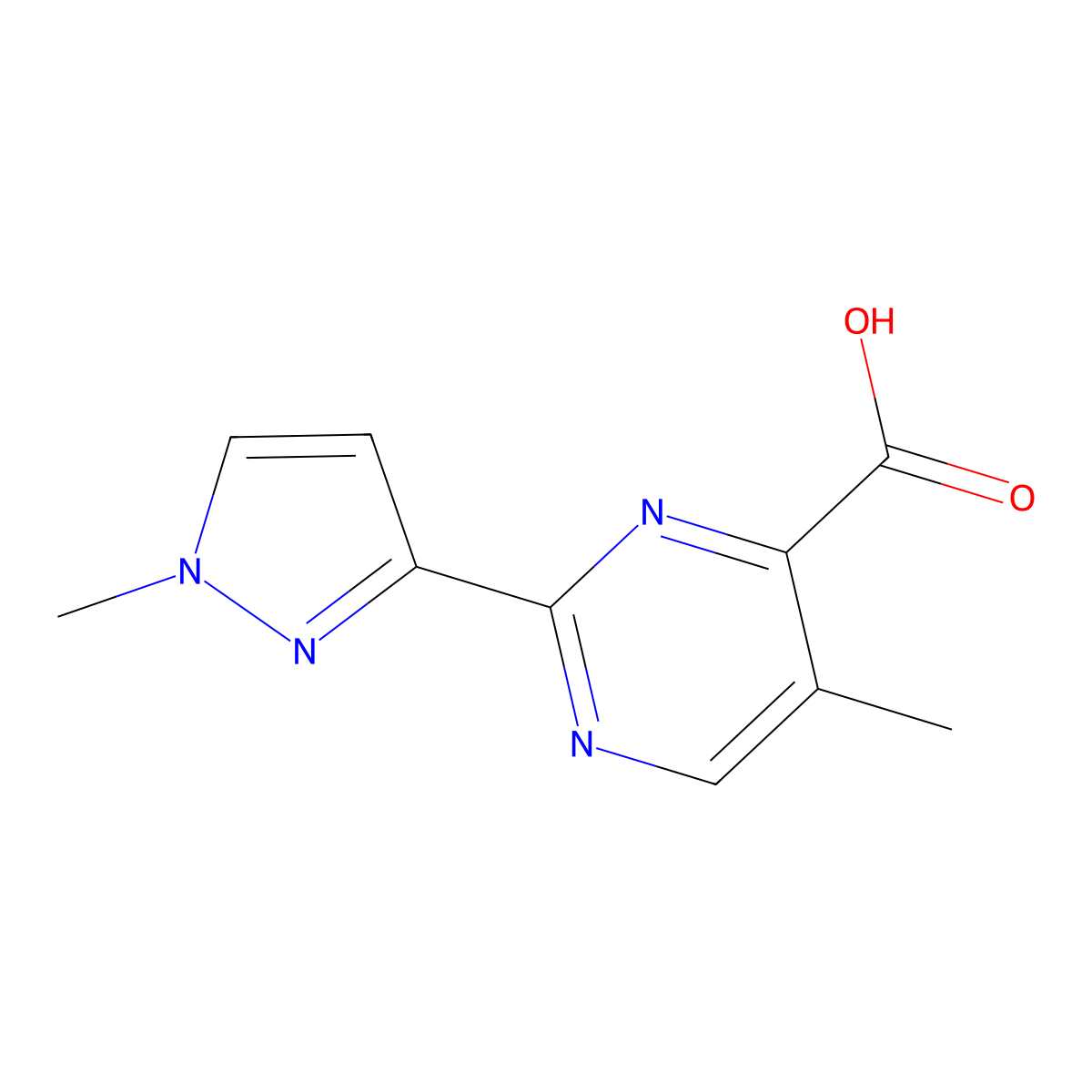 5-methyl-2-(1-methyl-1H-pyrazol-3-yl)pyrimidine-4-carboxylic acid molecular structure, CAS 1699470-30-8