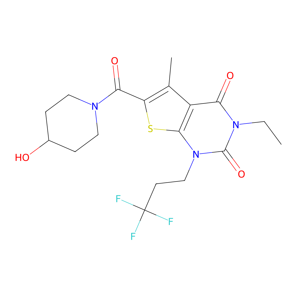 3-Ethyl-6-(4-hydroxypiperidine-1-carbonyl)-5-methyl-1-(3,3,3-trifluoropropyl)thieno[2,3-d]pyrimidine-2,4(1H,3H)-dione molecular structure, CAS 1699717-32-2