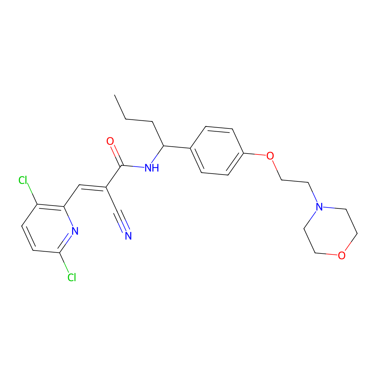 (E)-2-Cyano-3-(3,6-dichloropyridin-2-yl)-N-(1-(4-(2-morpholinoethoxy)phenyl)butyl)acrylamide molecular structure, CAS 1699750-95-2