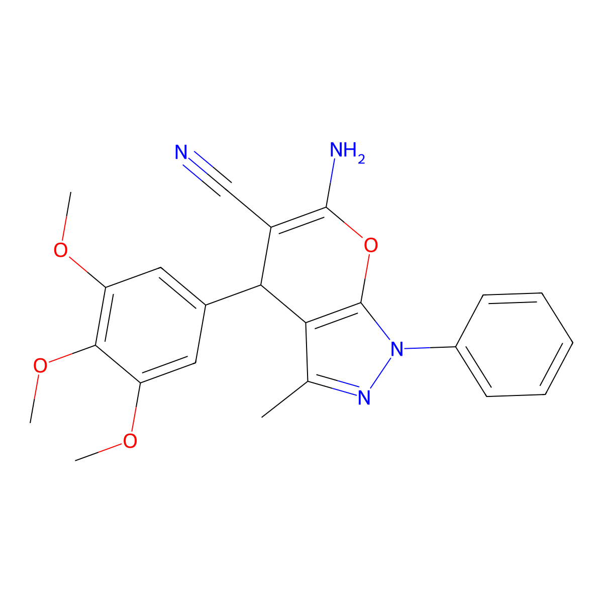 6-Amino-3-methyl-1-phenyl-4-(3,4,5-trimethoxyphenyl)-1,4-dihydropyrano[2,3-c]pyrazole-5-carbonitrile molecular structure, CAS 170030-57-6