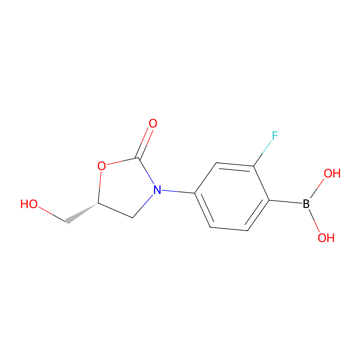 (R)-(2-Fluoro-4-(5-(hydroxymethyl)-2-oxooxazolidin-3-yl)phenyl)boronic acid molecular structure, CAS 1700656-57-0