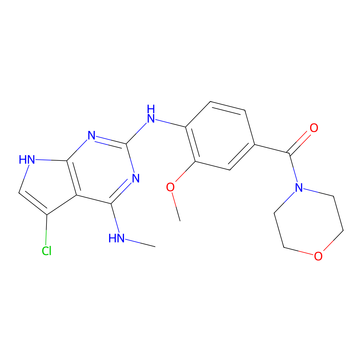 (4-((5-chloro-4-(methylamino)-7H-pyrrolo[2,3-d]pyrimidin-2-yl)amino)-3-methoxyphenyl)(morpholino)methanone molecular structure, CAS 1700693-08-8