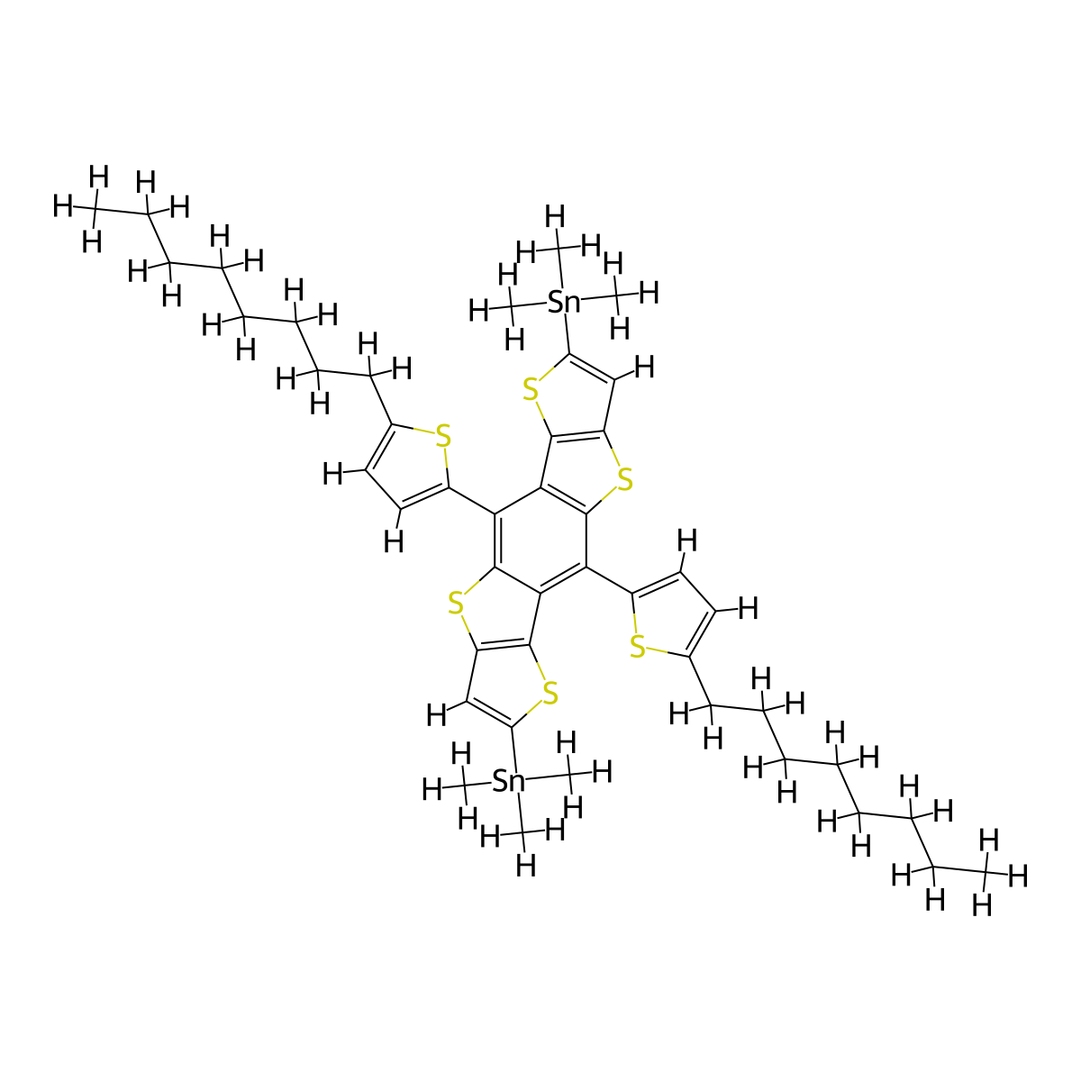 [2,11-Bis(5-octylthiophen-2-yl)-15-(trimethylstannyl)-5,9,14,18-tetrathiapentacyclo[10.6.0.03,10.04,8.013,17]octadeca-1(12),2,4(8),6,10,13(17),15-heptaen-6-yl]trimethylstannane molecular structure, CAS 1701403-89-5