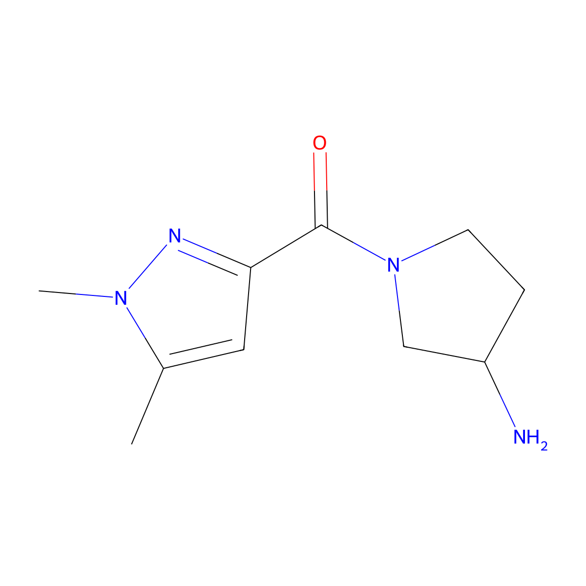 (3-aminopyrrolidin-1-yl)(1,5-dimethyl-1H-pyrazol-3-yl)methanone molecular structure, CAS 1701561-09-2