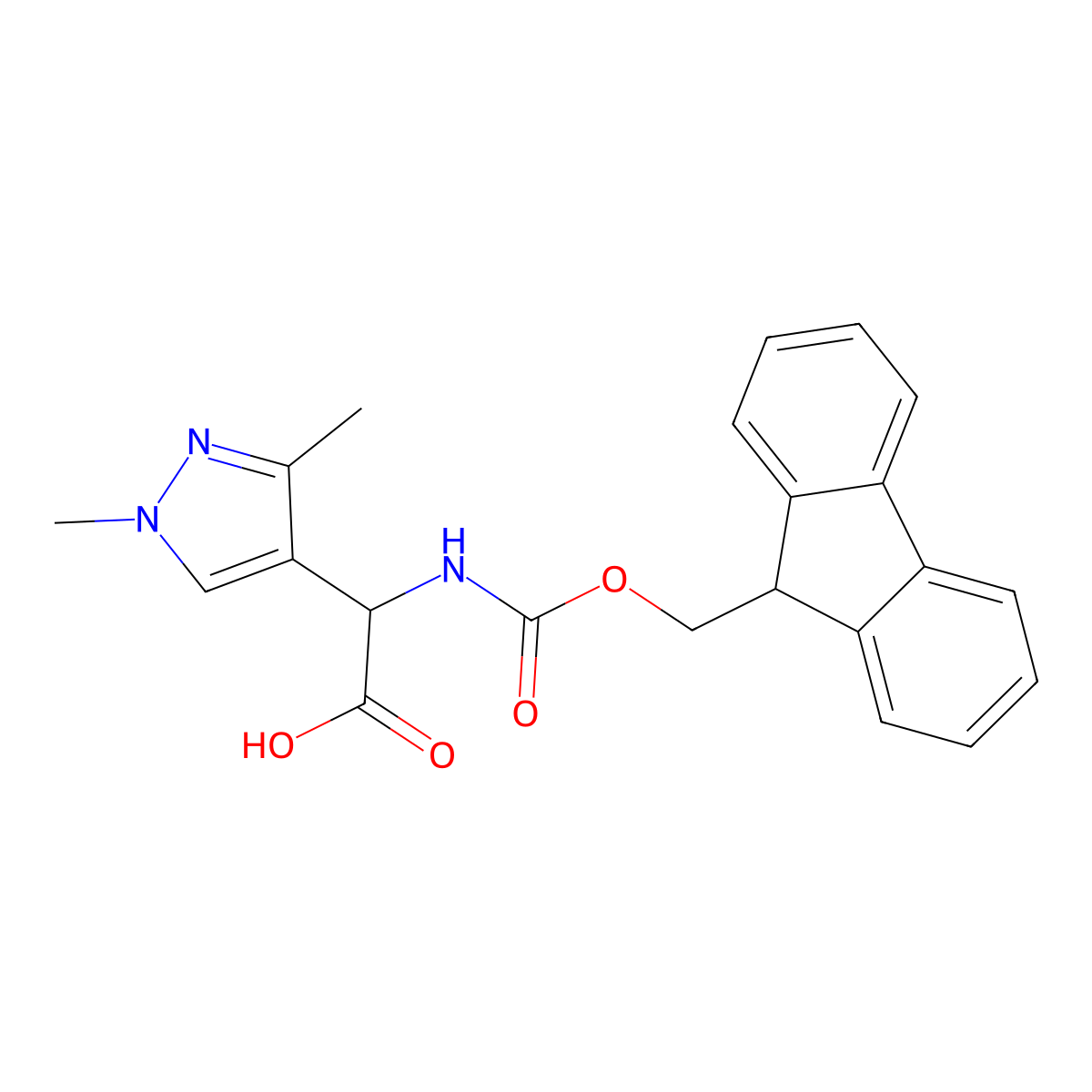 2-(1,3-dimethyl-1H-pyrazol-4-yl)-2-({[(9H-fluoren-9-yl)methoxy]carbonyl}amino)acetic acid molecular structure, CAS 1702760-26-6