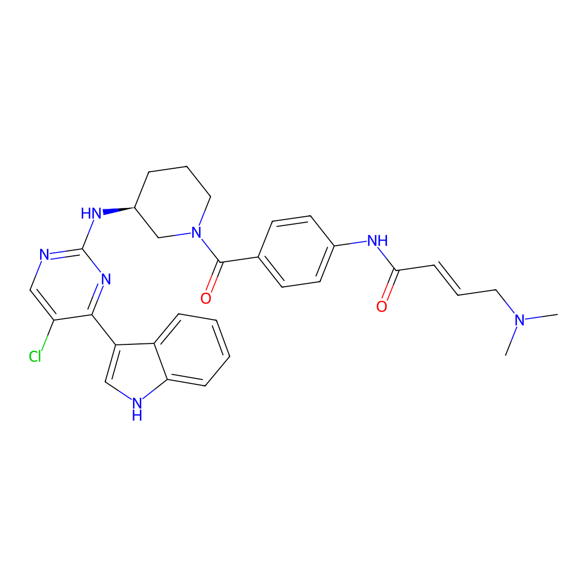 (S,E)-N-(4-(3-((5-chloro-4-(1H-indol-3-yl)pyrimidin-2-yl)amino)piperidine-1-carbonyl)phenyl)-4-(dimethylamino)but-2-enamide molecular structure, CAS 1702809-22-0