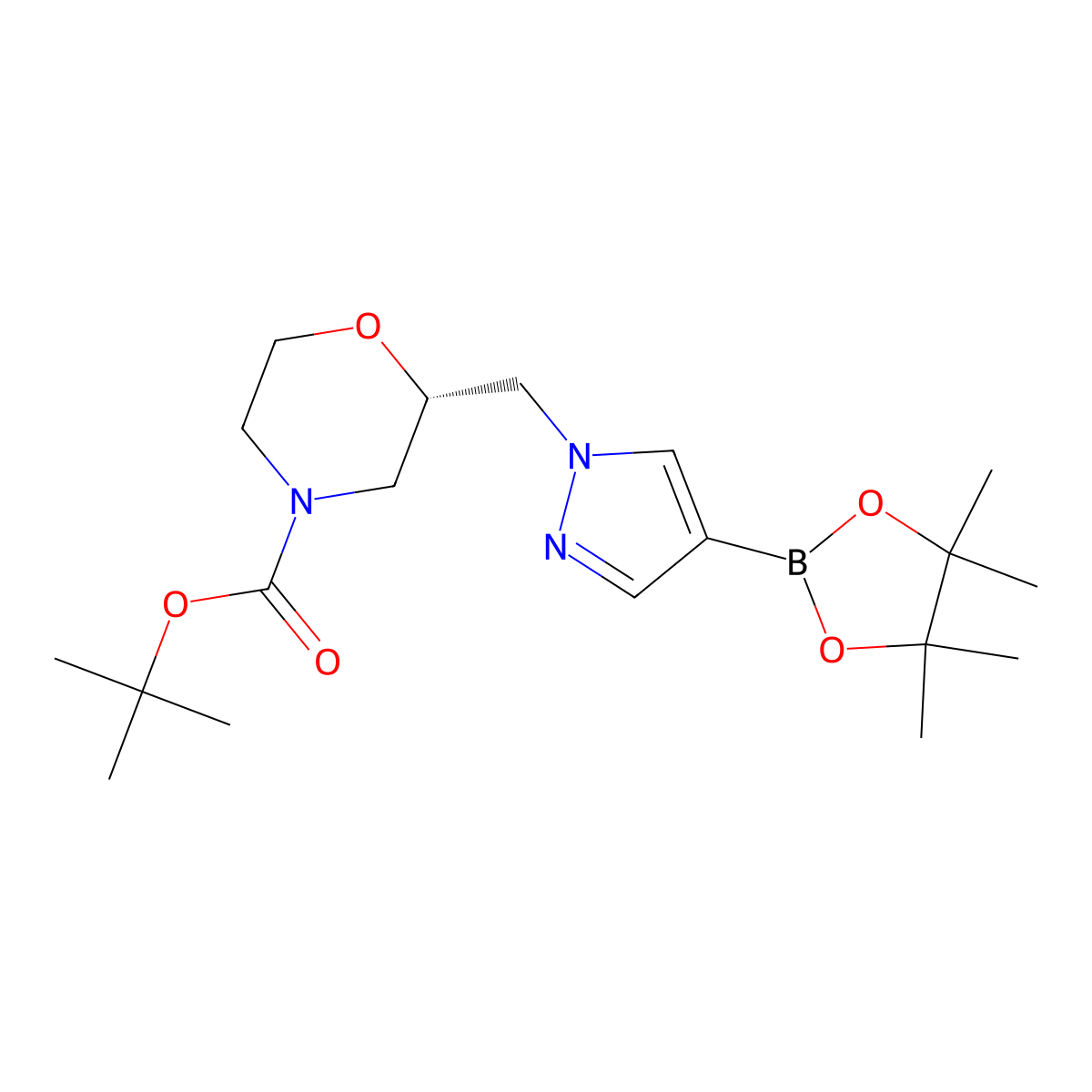(S)-tert-butyl 2-((4-(4,4,5,5-tetramethyl-1,3,2-dioxaborolan-2-yl)-1H-pyrazol-1-yl)methyl)morpholine-4-carboxylate molecular structure, CAS 1703794-54-0