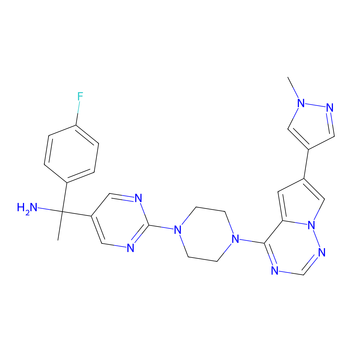 1-(4-Fluorophenyl)-1-(2-(4-(6-(1-methyl-1H-pyrazol-4-yl)pyrrolo[2,1-f][1,2,4]triazin-4-yl)piperazin-1-yl)pyrimidin-5-yl)ethan-1-amine molecular structure, CAS 1703794-88-0
