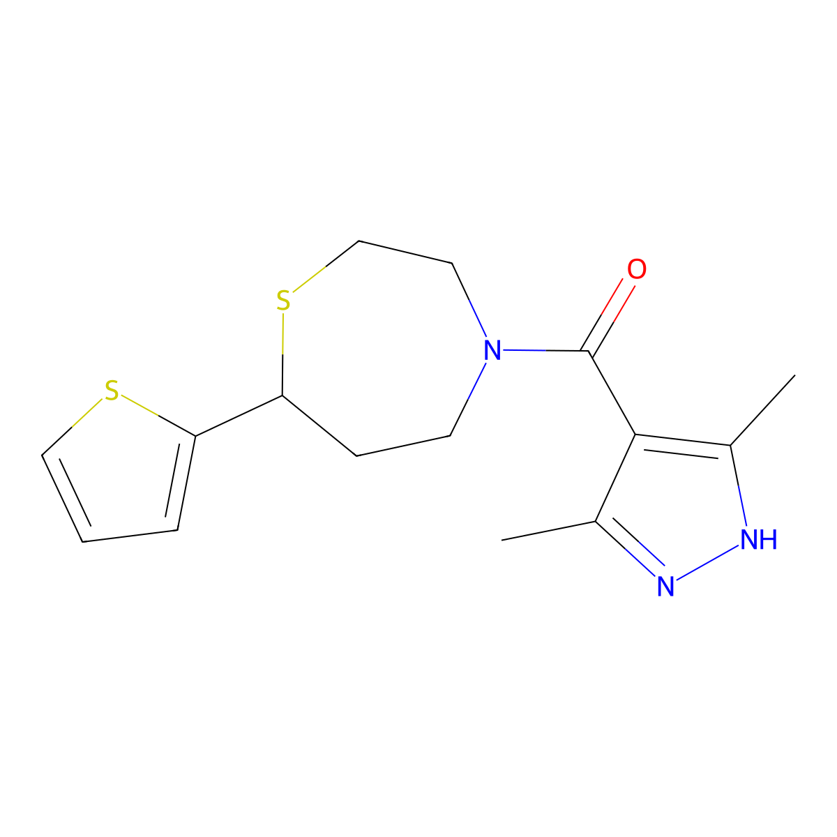 (3,5-dimethyl-1H-pyrazol-4-yl)(7-(thiophen-2-yl)-1,4-thiazepan-4-yl)methanone molecular structure, CAS 1704485-49-3
