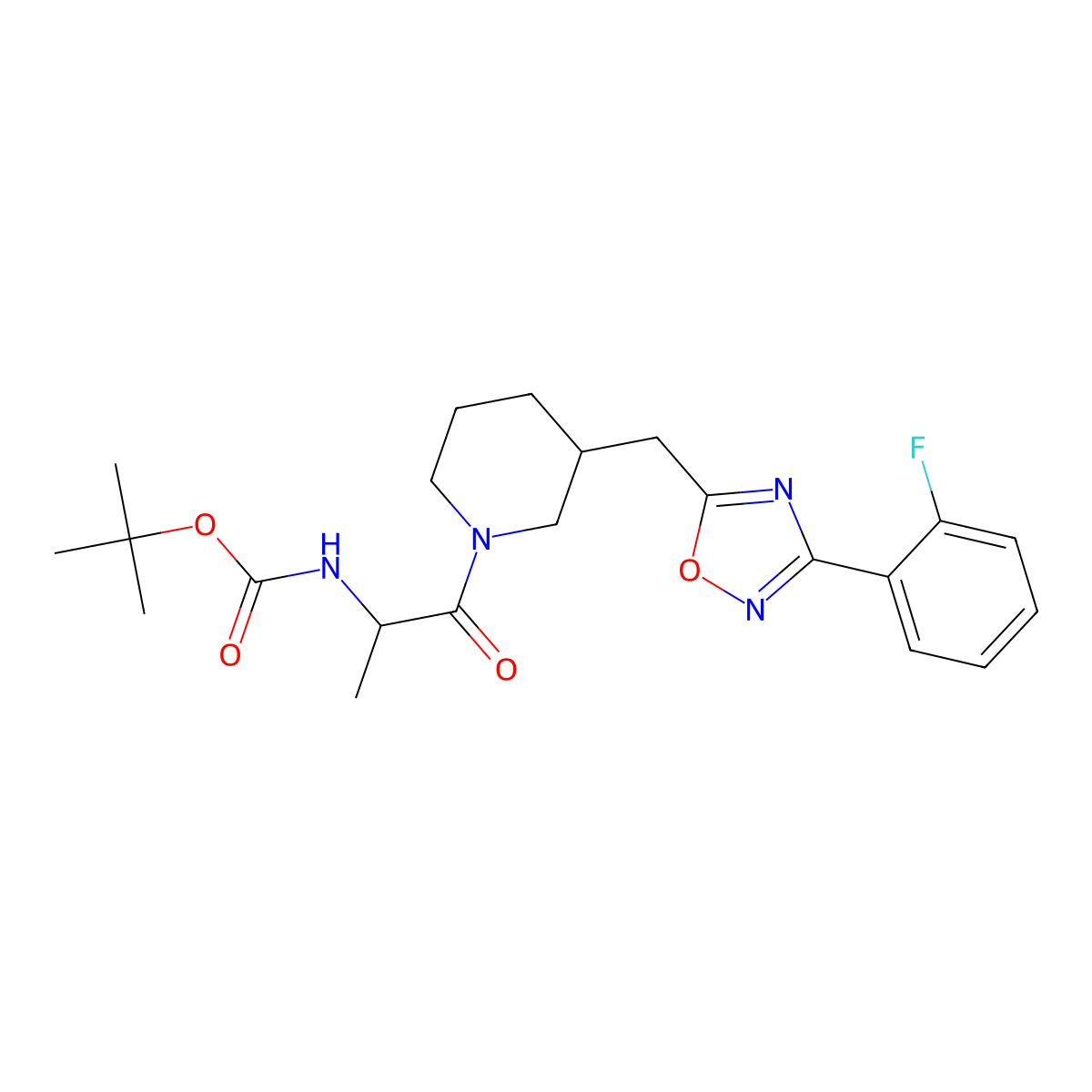 Tert-butyl (1-(3-((3-(2-fluorophenyl)-1,2,4-oxadiazol-5-yl)methyl)piperidin-1-yl)-1-oxopropan-2-yl)carbamate molecular structure, CAS 1704487-42-2