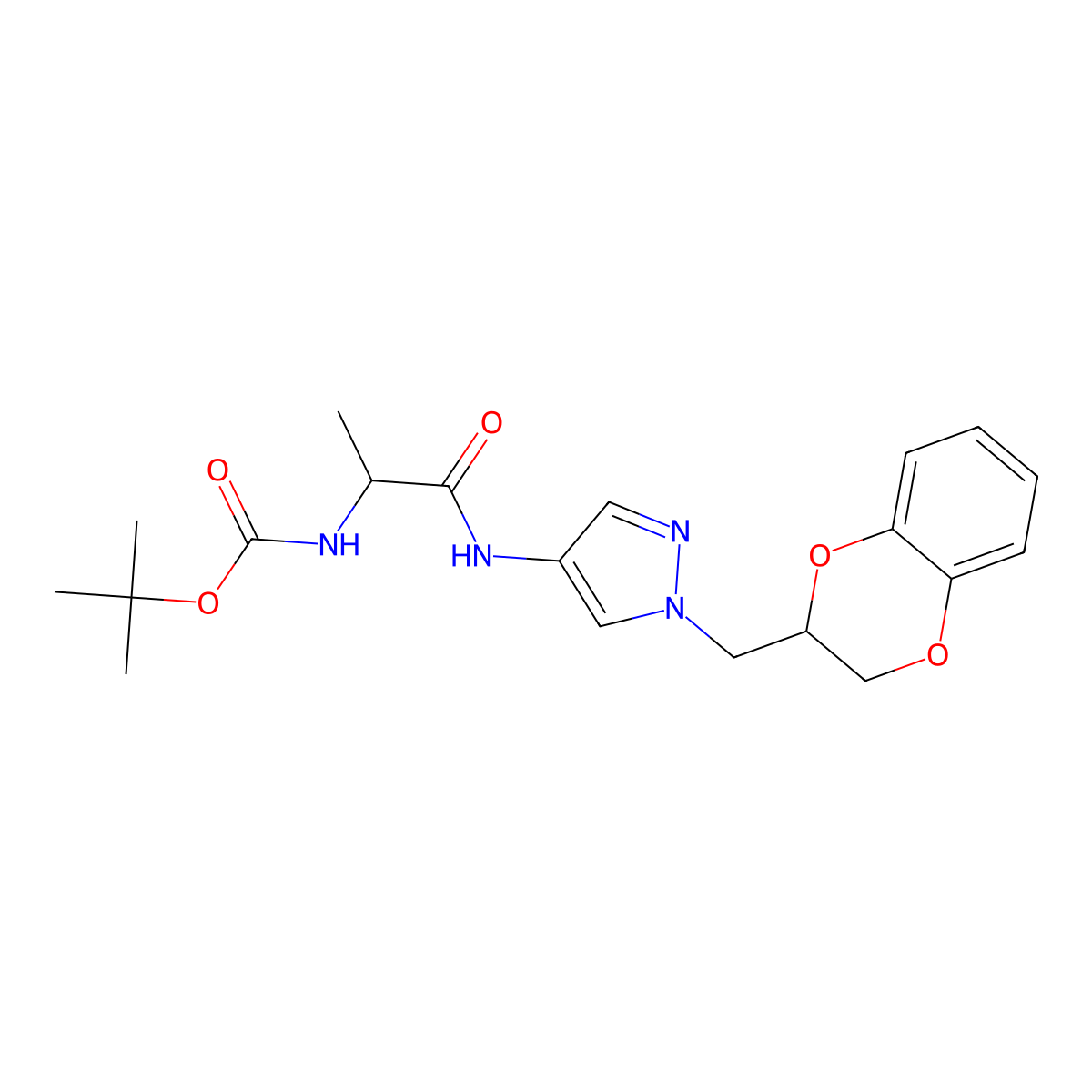 tert-butyl (1-((1-((2,3-dihydrobenzo[b][1,4]dioxin-2-yl)methyl)-1H-pyrazol-4-yl)amino)-1-oxopropan-2-yl)carbamate molecular structure, CAS 1704487-66-0