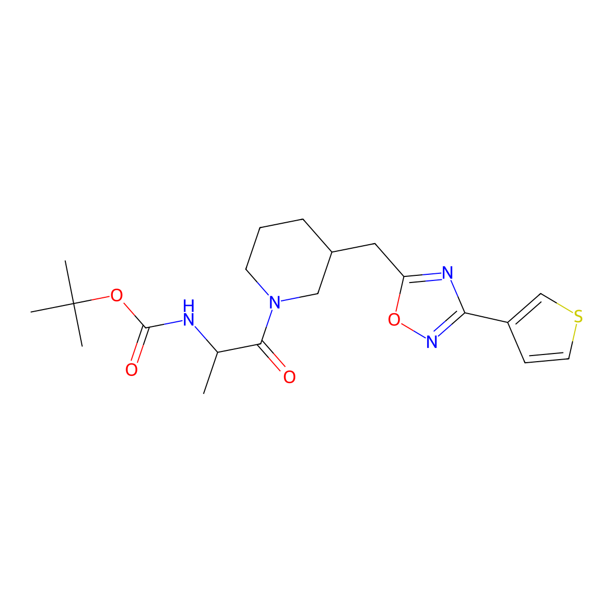 Tert-butyl (1-oxo-1-(3-((3-(thiophen-3-yl)-1,2,4-oxadiazol-5-yl)methyl)piperidin-1-yl)propan-2-yl)carbamate molecular structure, CAS 1704488-75-4