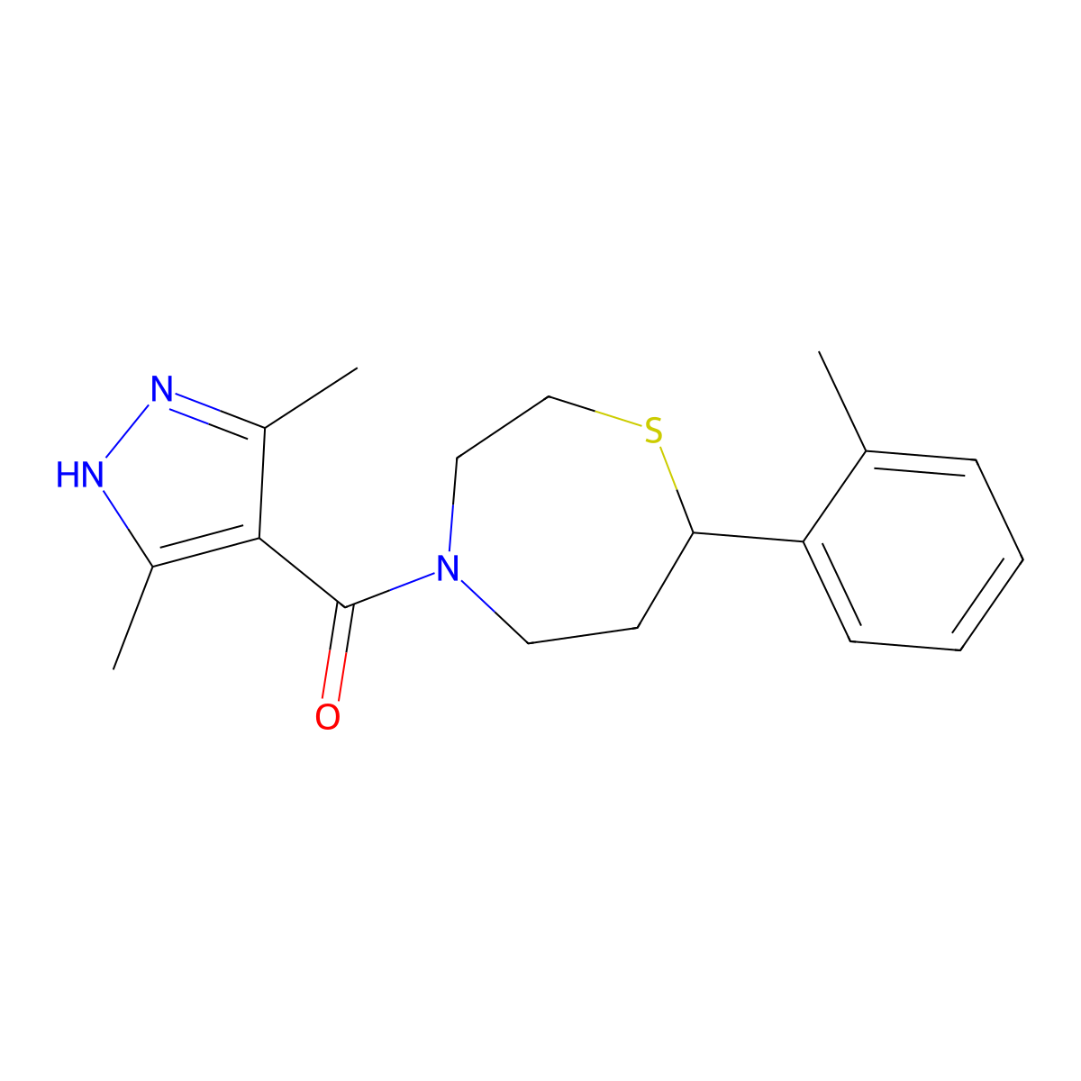 (3,5-dimethyl-1H-pyrazol-4-yl)(7-(o-tolyl)-1,4-thiazepan-4-yl)methanone molecular structure, CAS 1704489-05-3
