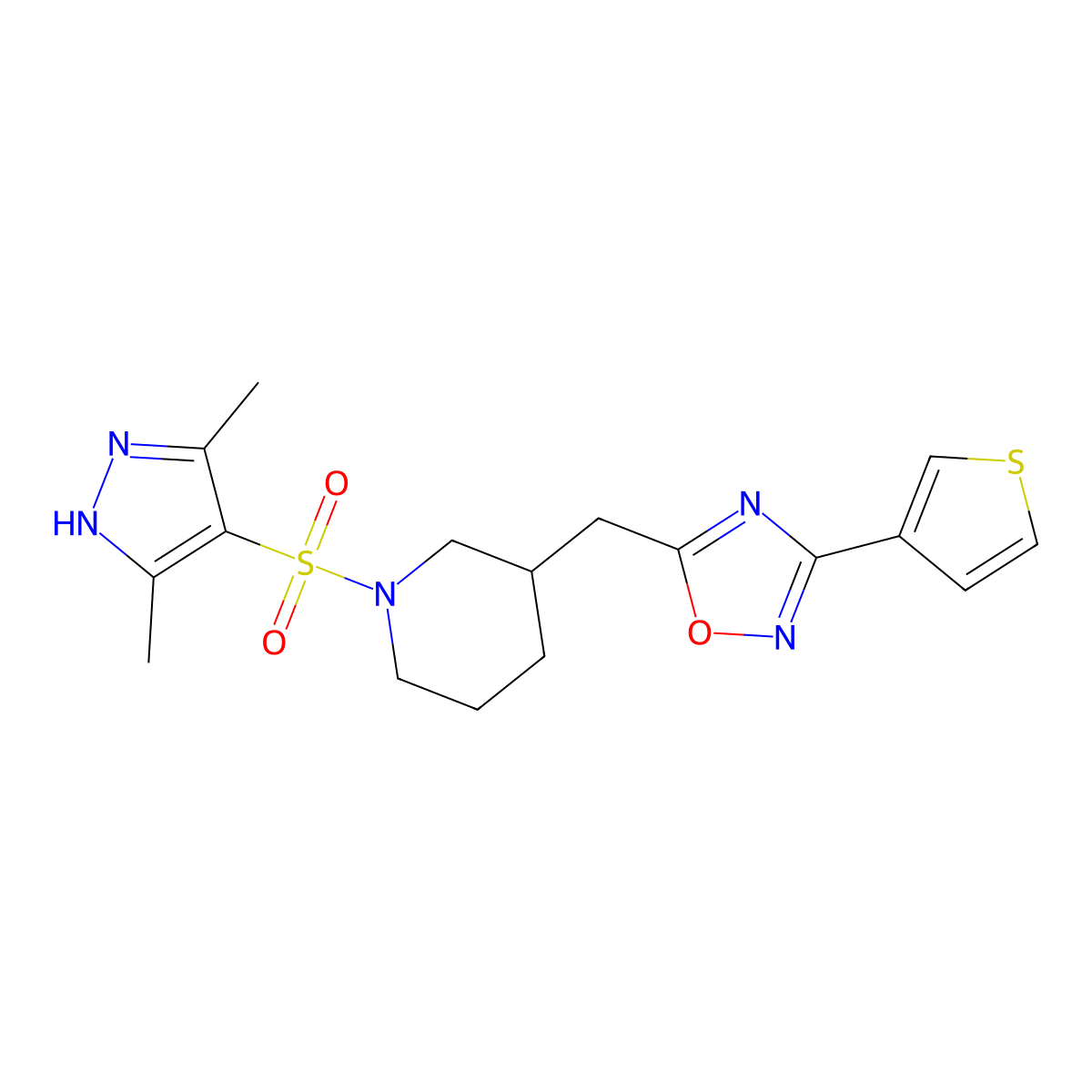 5-((1-((3,5-dimethyl-1H-pyrazol-4-yl)sulfonyl)piperidin-3-yl)methyl)-3-(thiophen-3-yl)-1,2,4-oxadiazole molecular structure, CAS 1704490-88-9