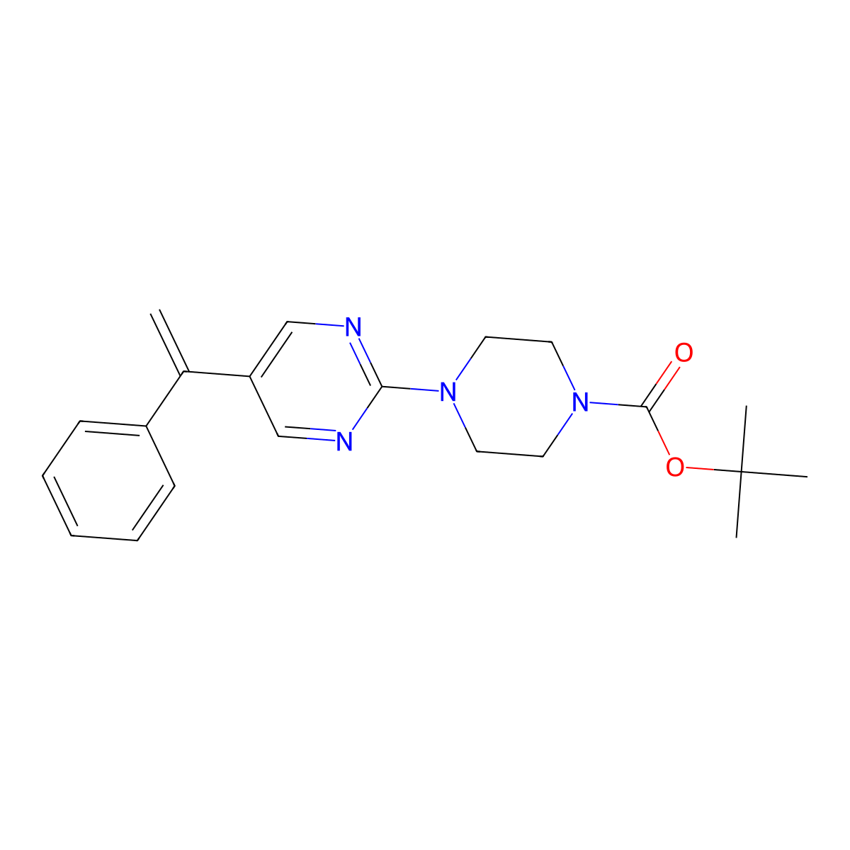 Tert-butyl 4-(5-(1-phenylvinyl)pyrimidin-2-yl)piperazine-1-carboxylate molecular structure, CAS 1704491-98-4