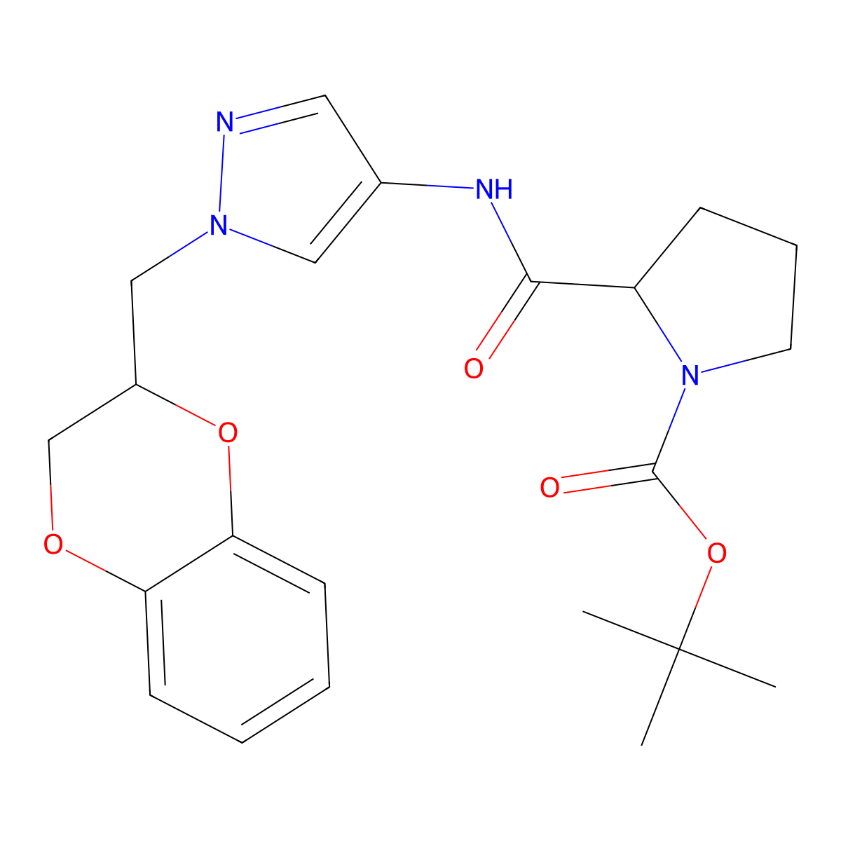 tert-butyl 2-((1-((2,3-dihydrobenzo[b][1,4]dioxin-2-yl)methyl)-1H-pyrazol-4-yl)carbamoyl)pyrrolidine-1-carboxylate molecular structure, CAS 1704492-69-2