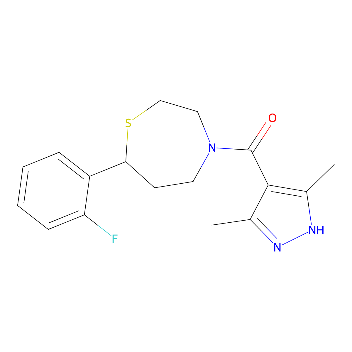 (3,5-dimethyl-1H-pyrazol-4-yl)(7-(2-fluorophenyl)-1,4-thiazepan-4-yl)methanone molecular structure, CAS 1704492-79-4