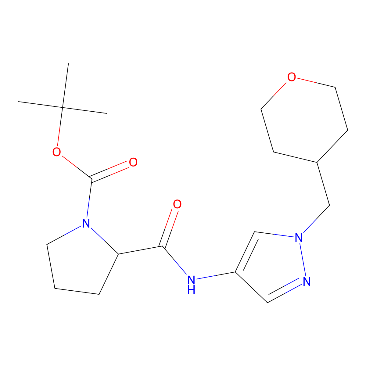 tert-butyl 2-((1-((tetrahydro-2H-pyran-4-yl)methyl)-1H-pyrazol-4-yl)carbamoyl)pyrrolidine-1-carboxylate molecular structure, CAS 1704494-16-5