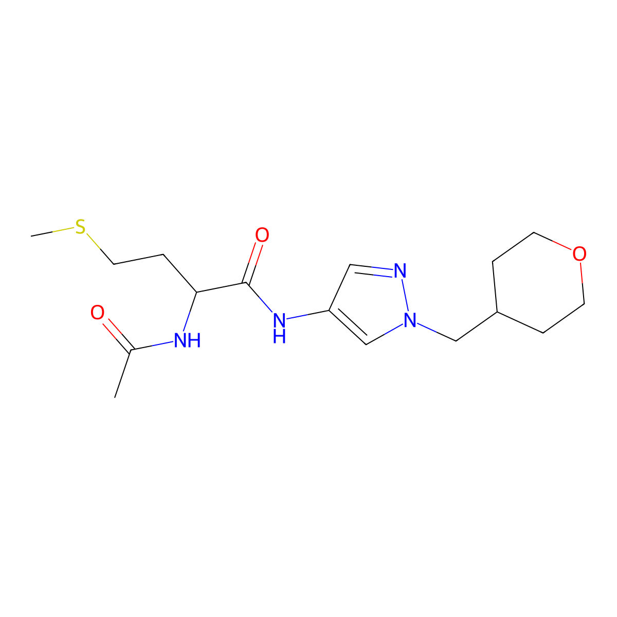 2-acetamido-4-(methylthio)-N-(1-((tetrahydro-2H-pyran-4-yl)methyl)-1H-pyrazol-4-yl)butanamide molecular structure, CAS 1704494-64-3