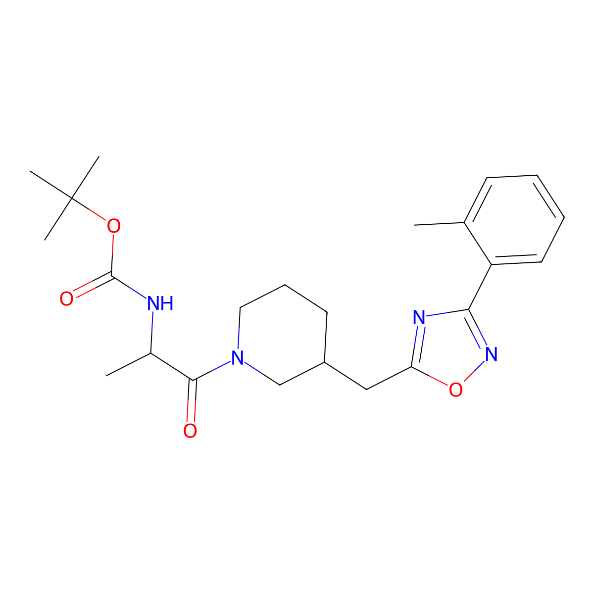 Tert-butyl (1-oxo-1-(3-((3-(o-tolyl)-1,2,4-oxadiazol-5-yl)methyl)piperidin-1-yl)propan-2-yl)carbamate molecular structure, CAS 1704495-35-1
