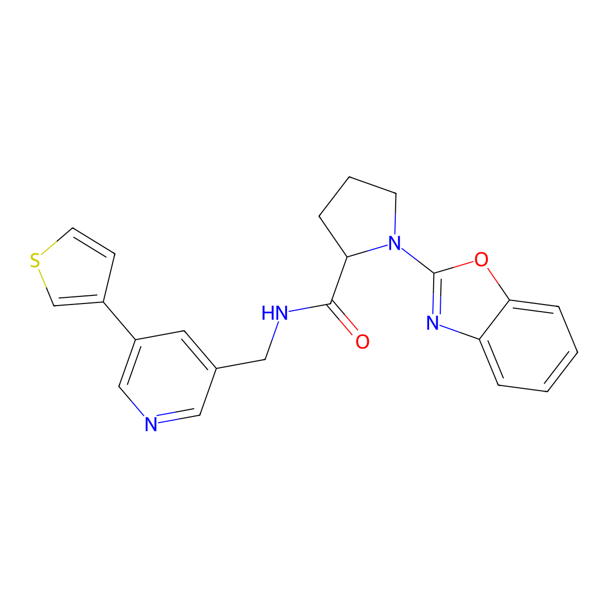 1-(benzo[d]oxazol-2-yl)-N-((5-(thiophen-3-yl)pyridin-3-yl)methyl)pyrrolidine-2-carboxamide molecular structure, CAS 1704497-27-7