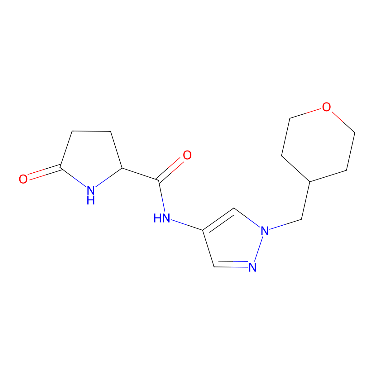 5-oxo-N-(1-((tetrahydro-2H-pyran-4-yl)methyl)-1H-pyrazol-4-yl)pyrrolidine-2-carboxamide molecular structure, CAS 1704498-17-8