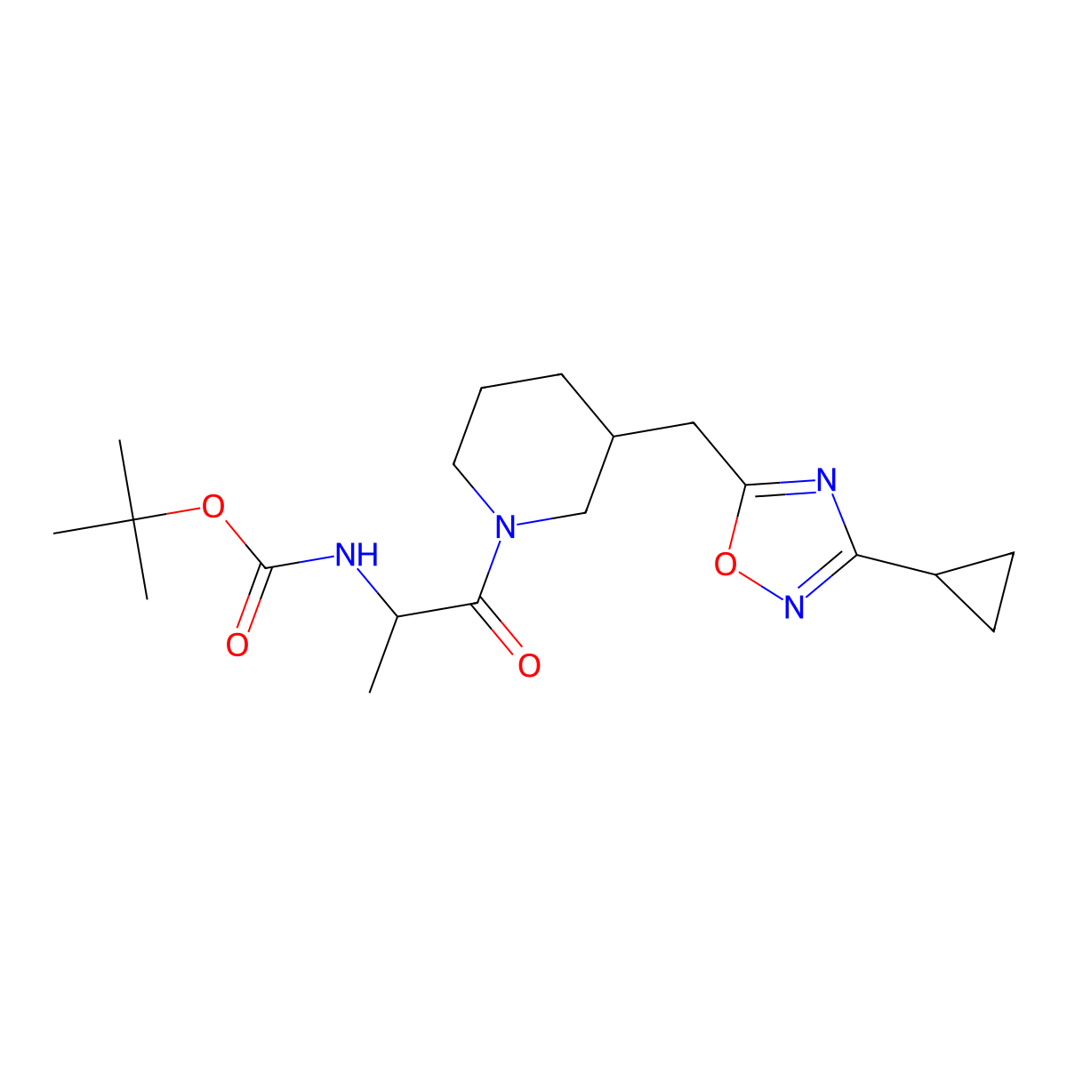 Tert-butyl (1-(3-((3-cyclopropyl-1,2,4-oxadiazol-5-yl)methyl)piperidin-1-yl)-1-oxopropan-2-yl)carbamate molecular structure, CAS 1704498-88-3