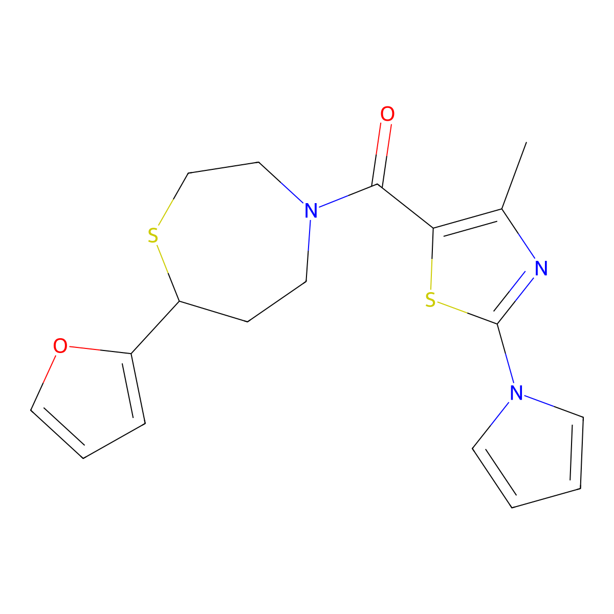 (7-(furan-2-yl)-1,4-thiazepan-4-yl)(4-methyl-2-(1H-pyrrol-1-yl)thiazol-5-yl)methanone molecular structure, CAS 1704516-26-6