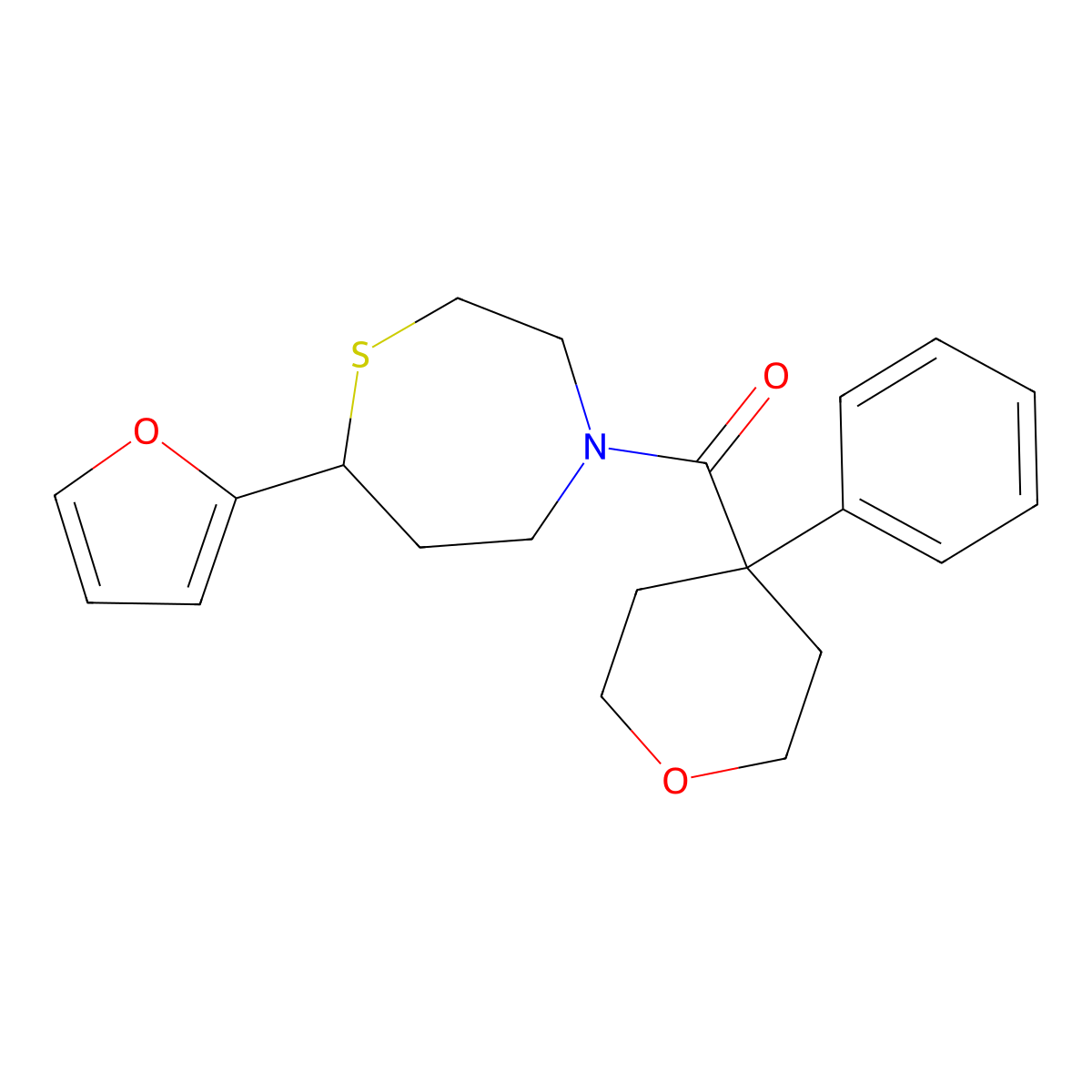 (7-(furan-2-yl)-1,4-thiazepan-4-yl)(4-phenyltetrahydro-2H-pyran-4-yl)methanone molecular structure, CAS 1704516-94-8
