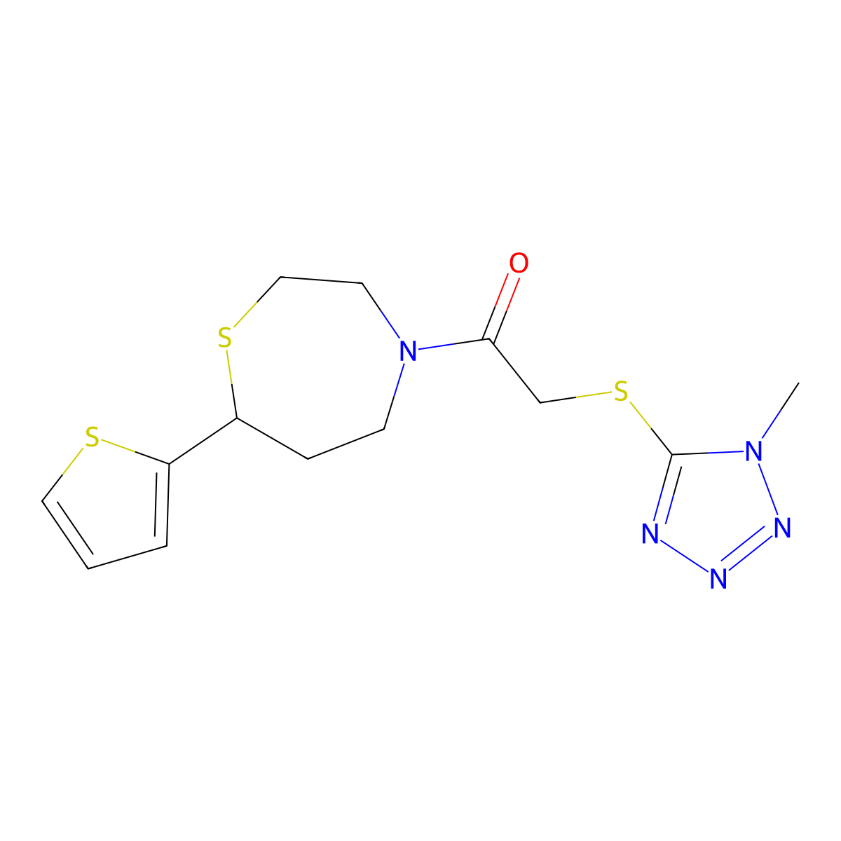 2-((1-methyl-1H-tetrazol-5-yl)thio)-1-(7-(thiophen-2-yl)-1,4-thiazepan-4-yl)ethanone molecular structure, CAS 1704518-45-5