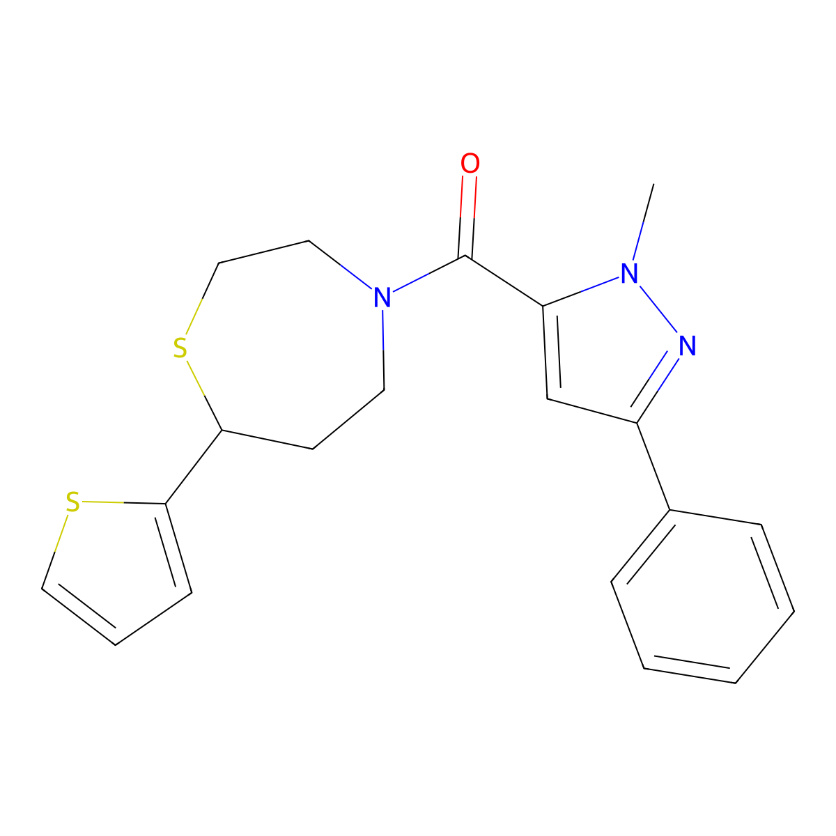 (1-methyl-3-phenyl-1H-pyrazol-5-yl)(7-(thiophen-2-yl)-1,4-thiazepan-4-yl)methanone molecular structure, CAS 1704518-55-7