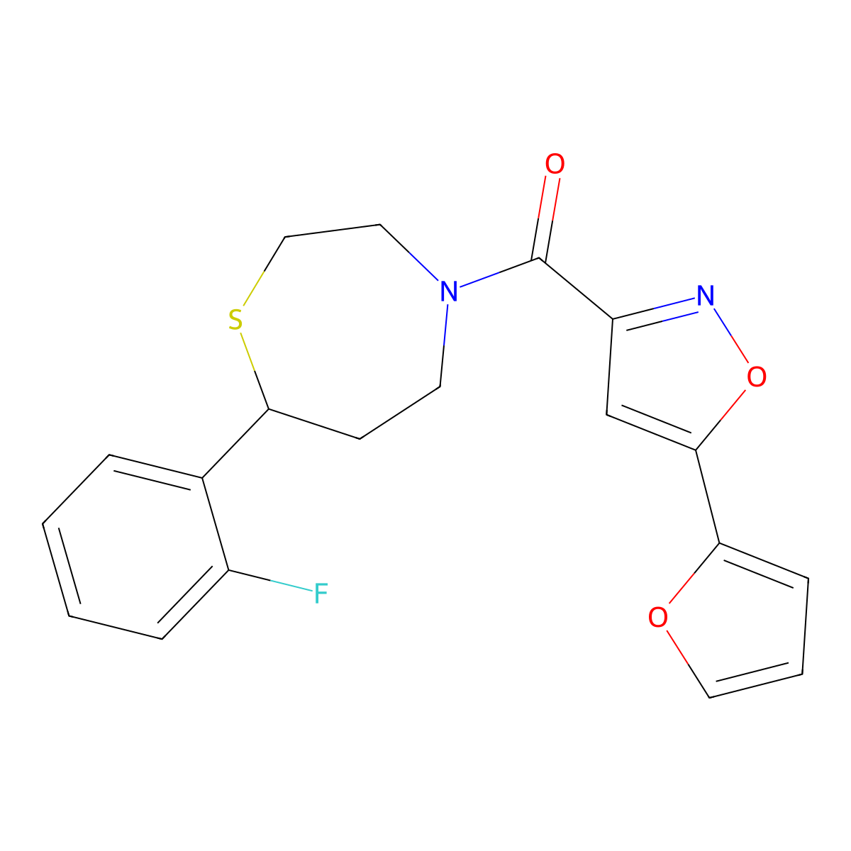 (7-(2-Fluorophenyl)-1,4-thiazepan-4-yl)(5-(furan-2-yl)isoxazol-3-yl)methanone molecular structure, CAS 1704519-76-5
