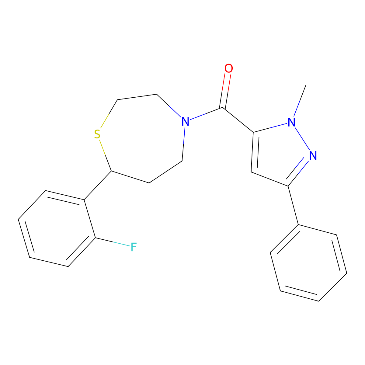 (7-(2-fluorophenyl)-1,4-thiazepan-4-yl)(1-methyl-3-phenyl-1H-pyrazol-5-yl)methanone molecular structure, CAS 1704519-98-1