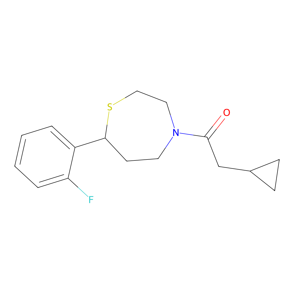 2-Cyclopropyl-1-(7-(2-fluorophenyl)-1,4-thiazepan-4-yl)ethanone molecular structure, CAS 1704520-18-2